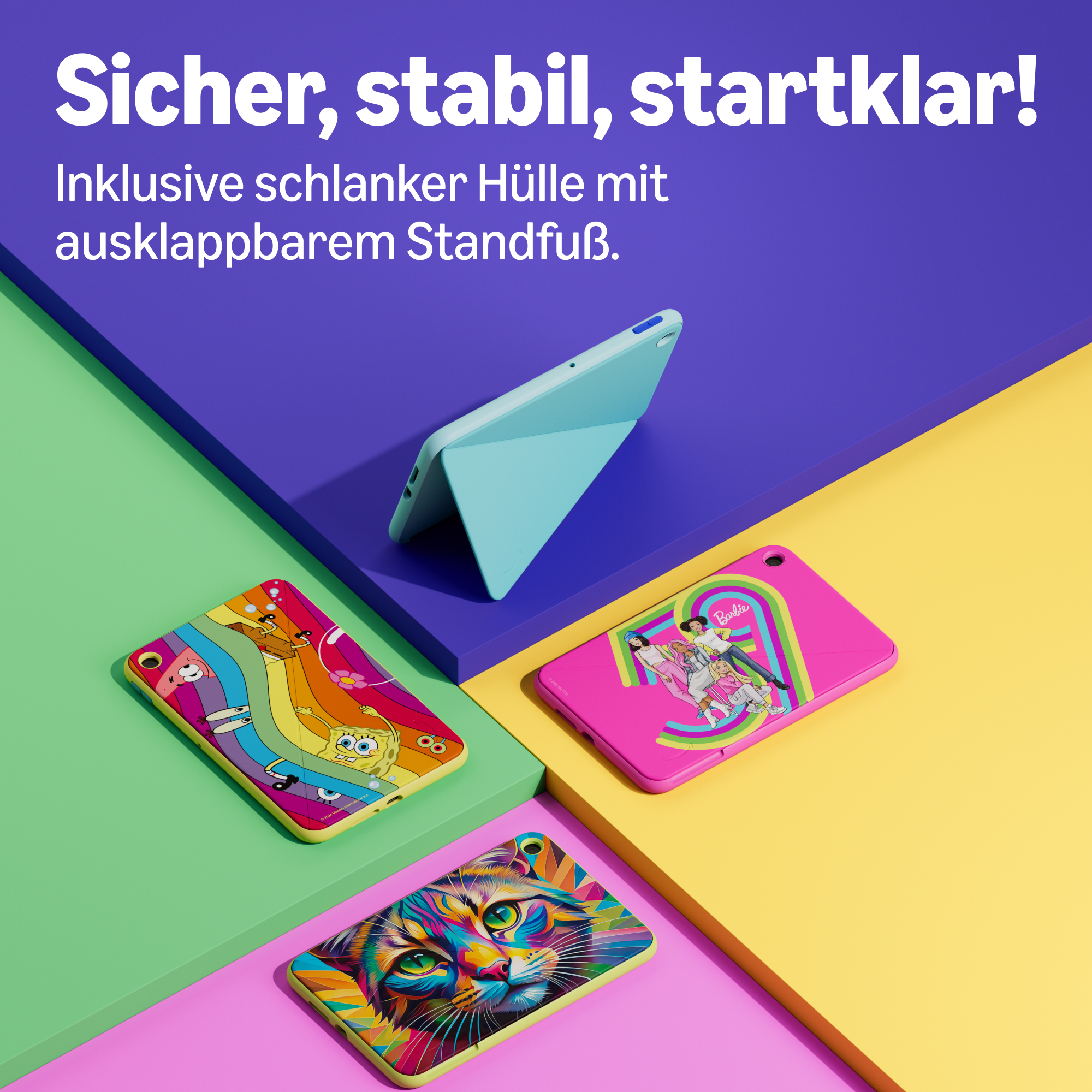 Vier bunte Tablets mit bunten Hüllen auf farbigem Hintergrund mit deutschem Werbetext.