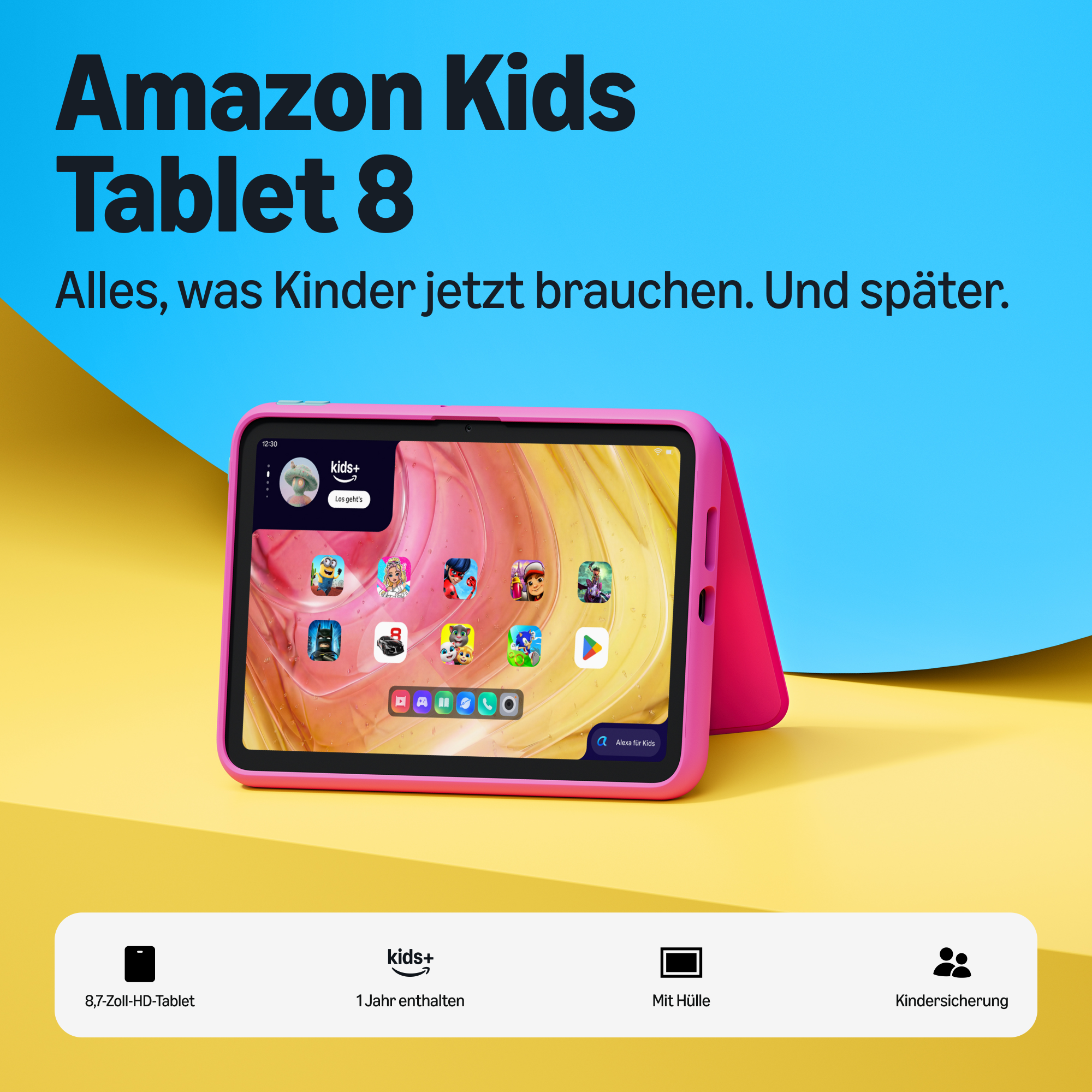 Ein pinkes Amazon Kids Tablet 8 steht auf gelbem Grund vor blauem Hintergrund mit Text.