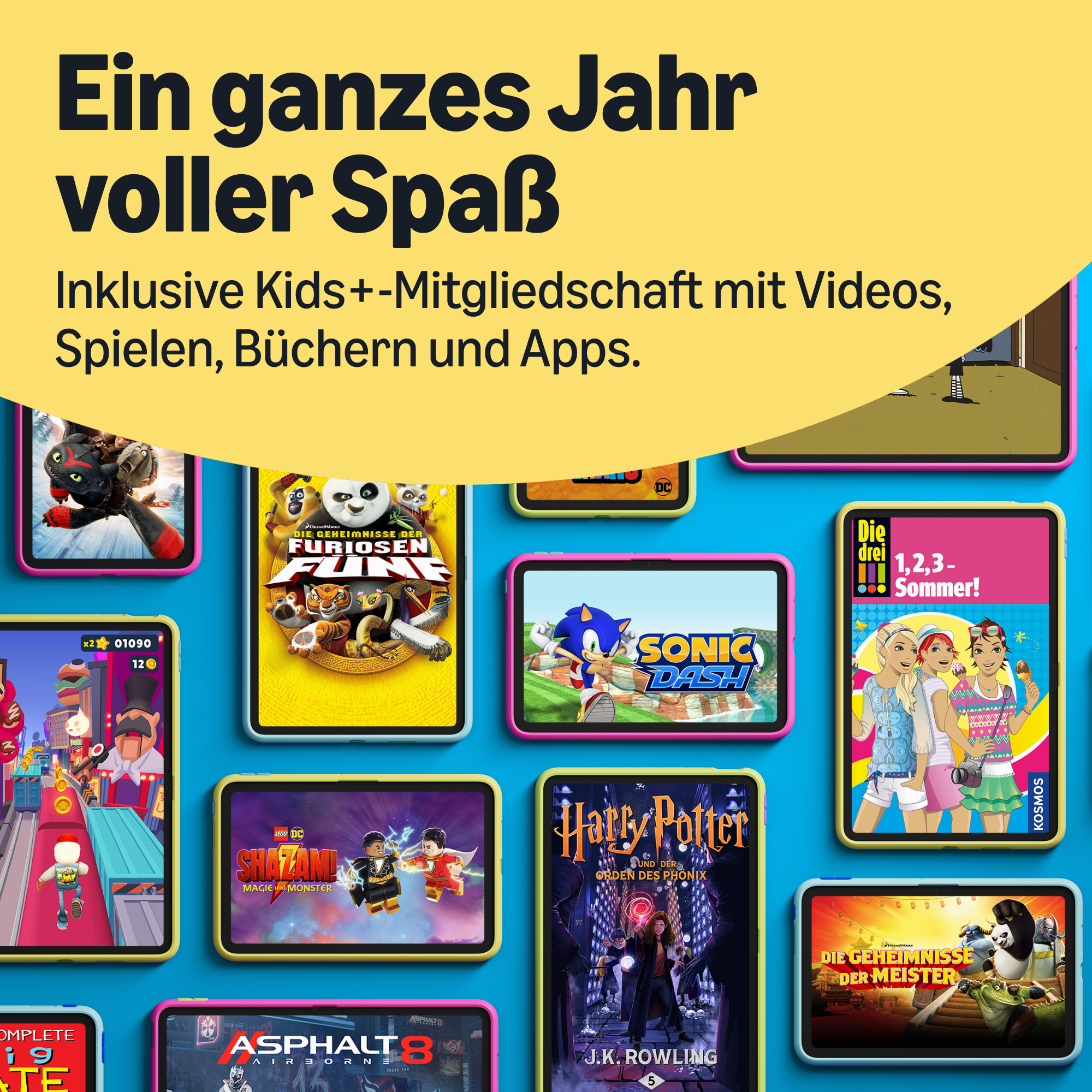 Viele bunte Tablets und E-Reader mit Kindermedien auf blauem Hintergrund.