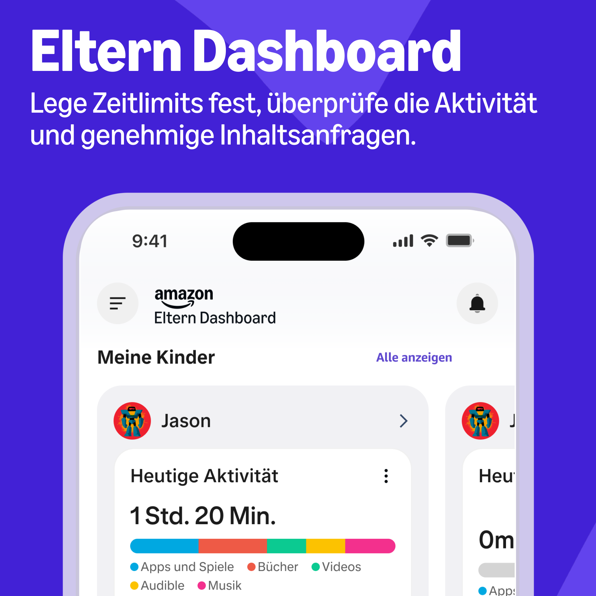 Screenshot eines Smartphone-Bildschirms mit dem Amazon Eltern Dashboard, das Aktivitätszeiten für Kinder anzeigt.