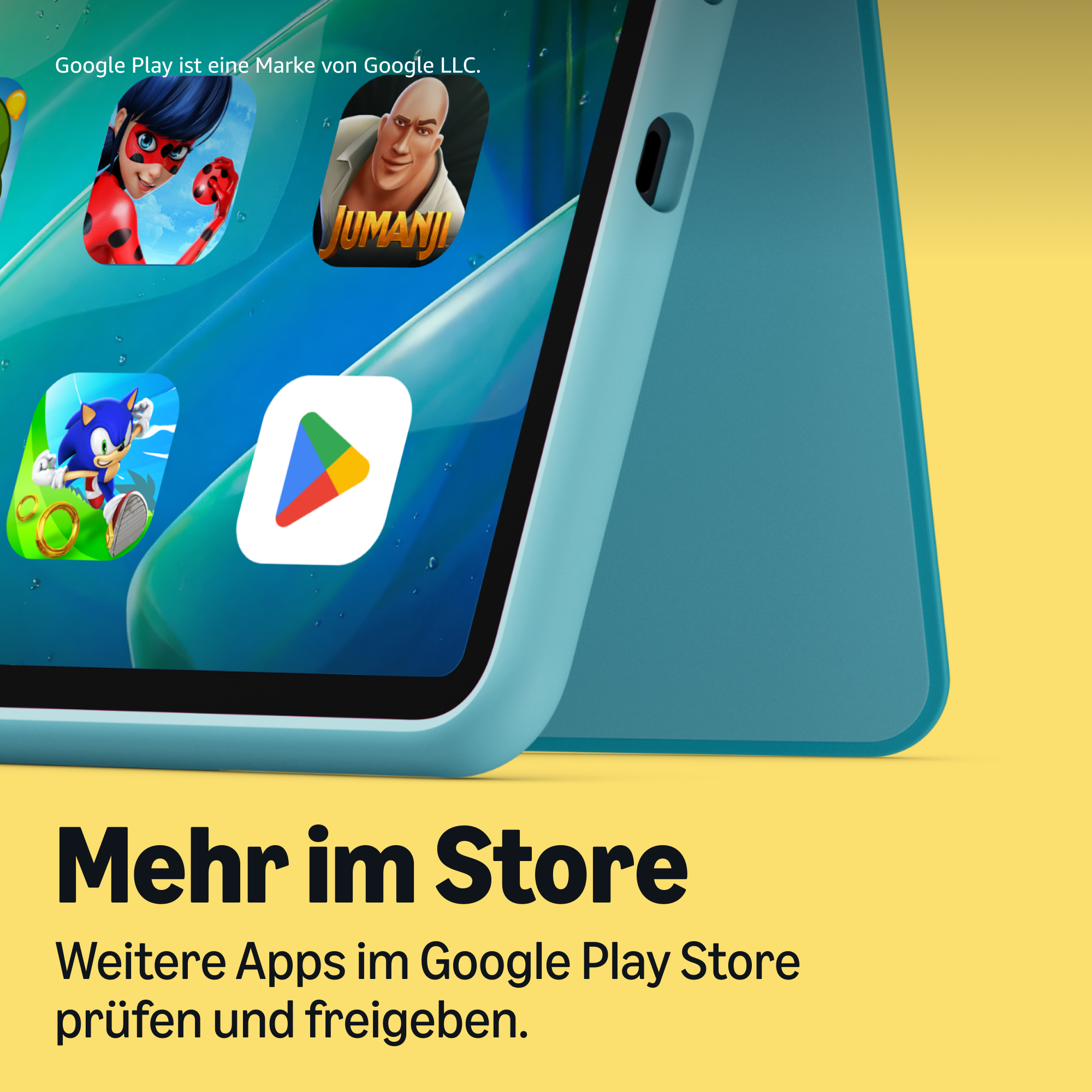 Türkisblaues Tablet mit App-Symbolen auf dem Display vor gelbem Hintergrund und Text unten.