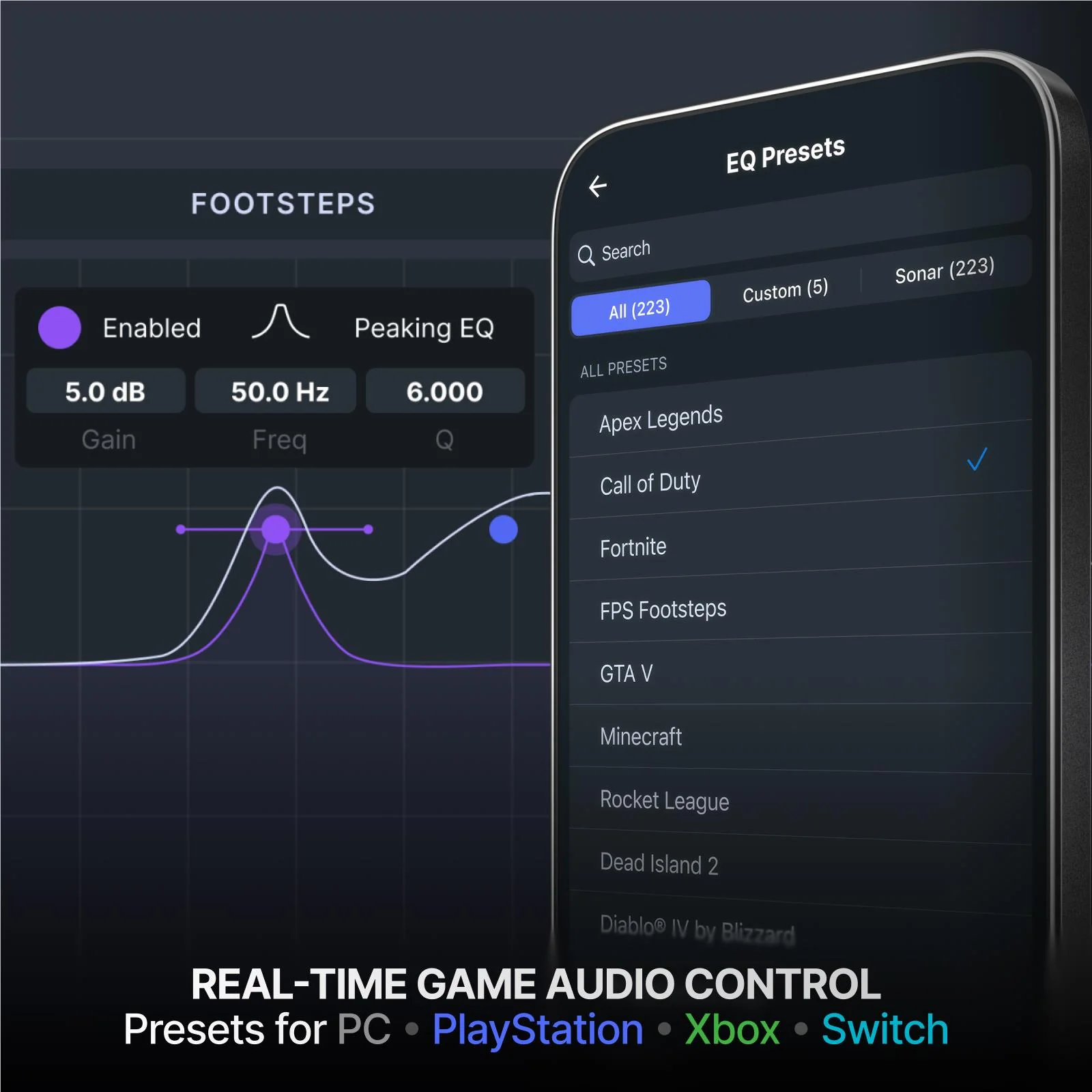 Smartphone-Bildschirm zeigt Equalizer-Voreinstellungen für verschiedene Videospiele.