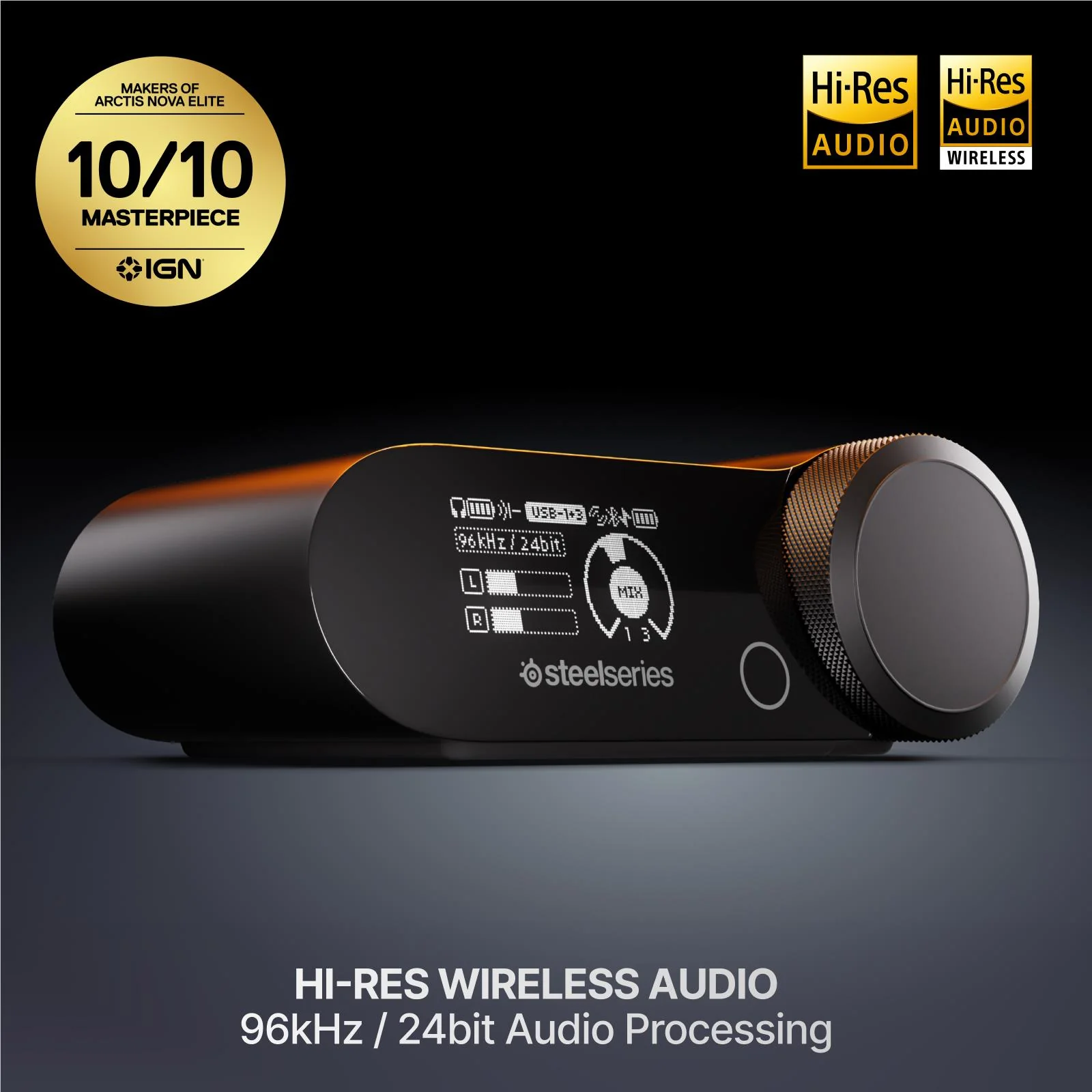 Ein schwarzes Steelseries-Audiogerät mit OLED-Bildschirm, Lautstärkeregler und Hi-Res-Audio-Logos auf dunklem Grund.