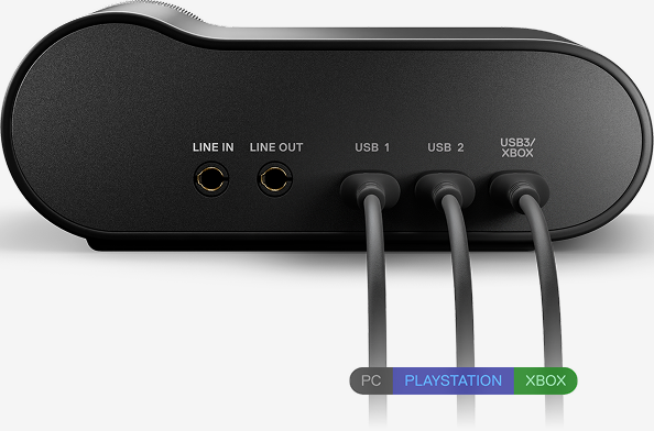Rückseite eines schwarzen Audiogeräts mit beschrifteten Anschlüssen: LINE IN, LINE OUT, USB 1 für PC, USB 2 für Playstation, USB 3 für Xbox.