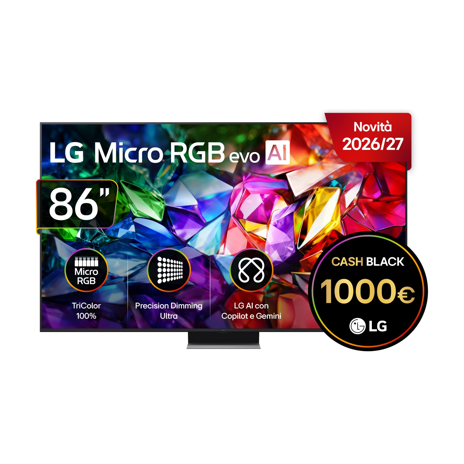 Un TV LG Micro RGB evo AI da 86 pollici con grafica di cristalli colorati e badge promozionali.