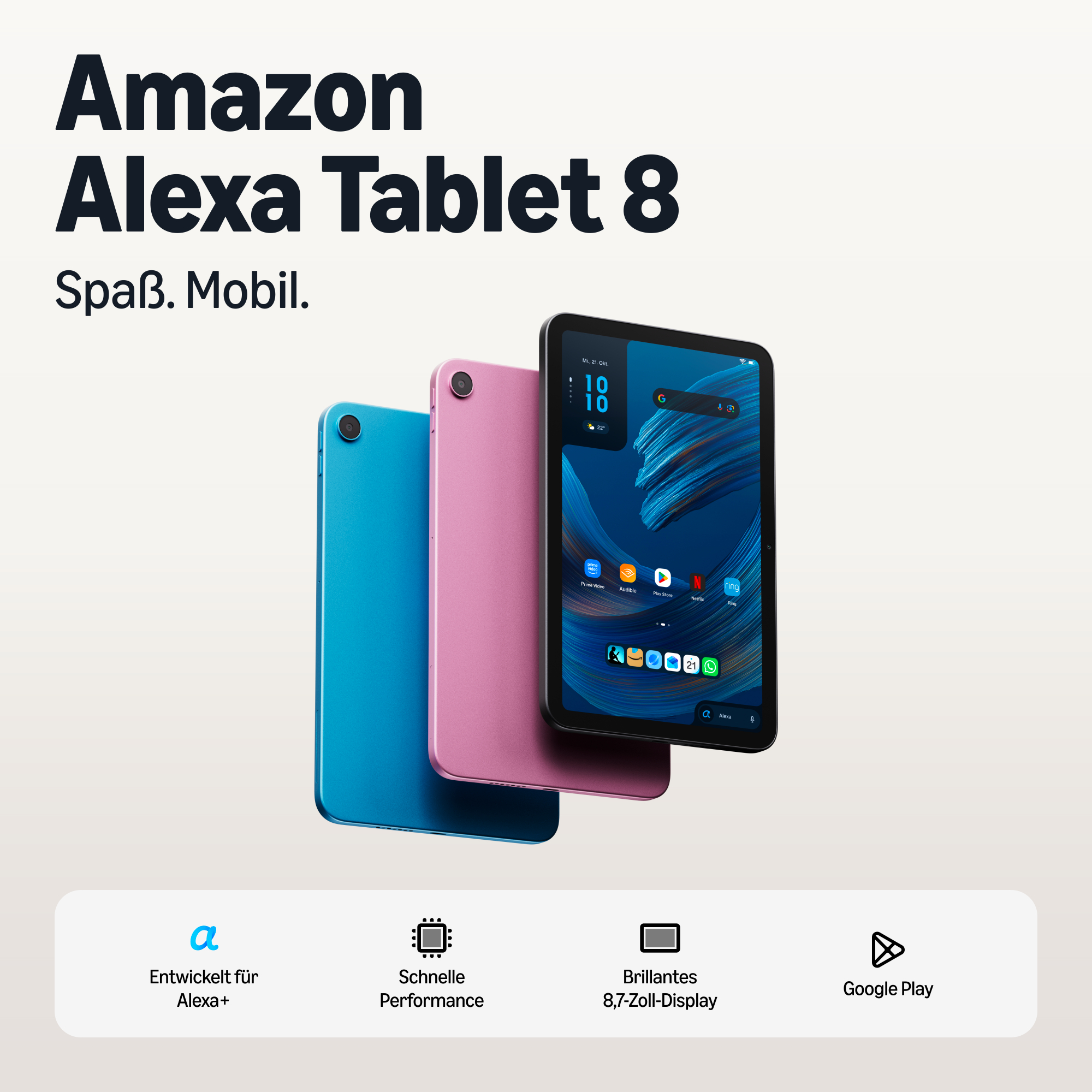 Drei Amazon Alexa Tablets in Blau und Pink vor hellem Hintergrund mit Produktfeatures.