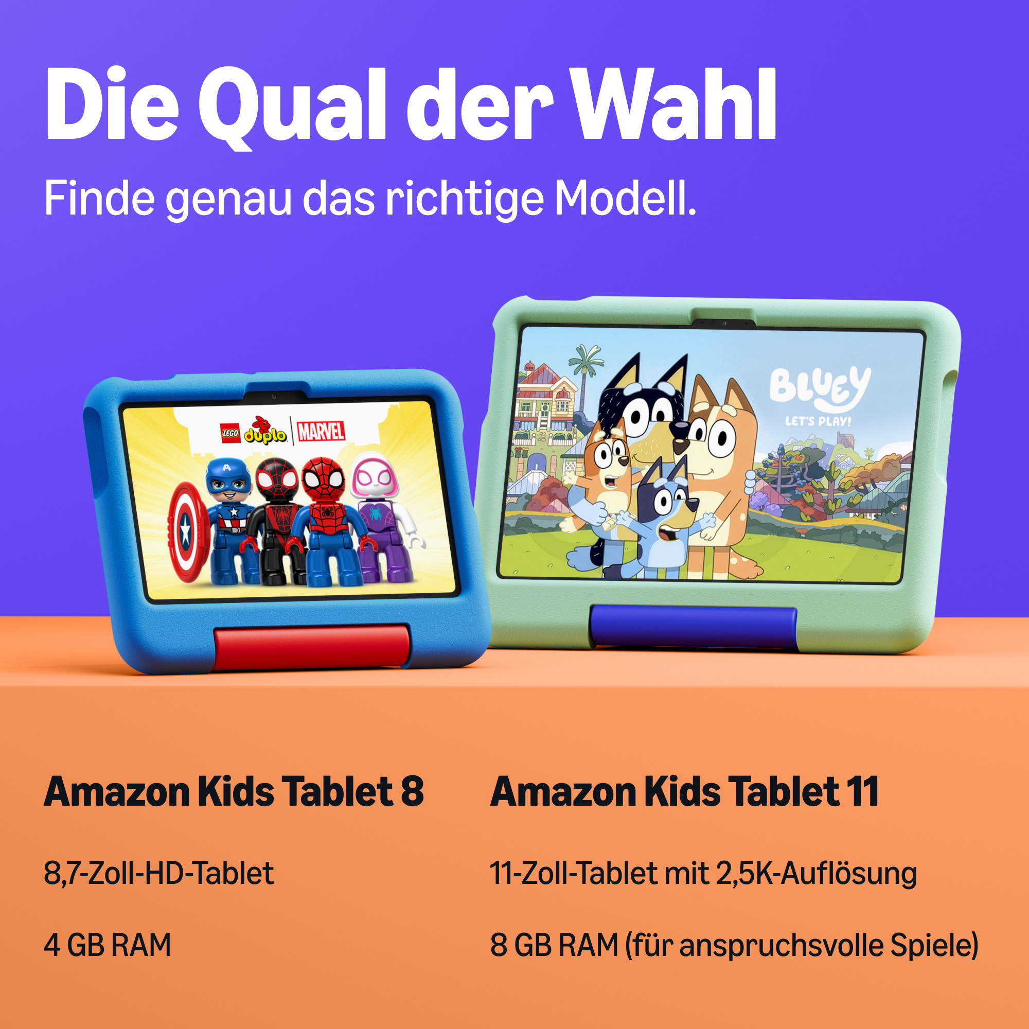 Zwei Amazon Kids Tablets in blauer und grüner Schutzhülle auf orangem Hintergrund mit Text.