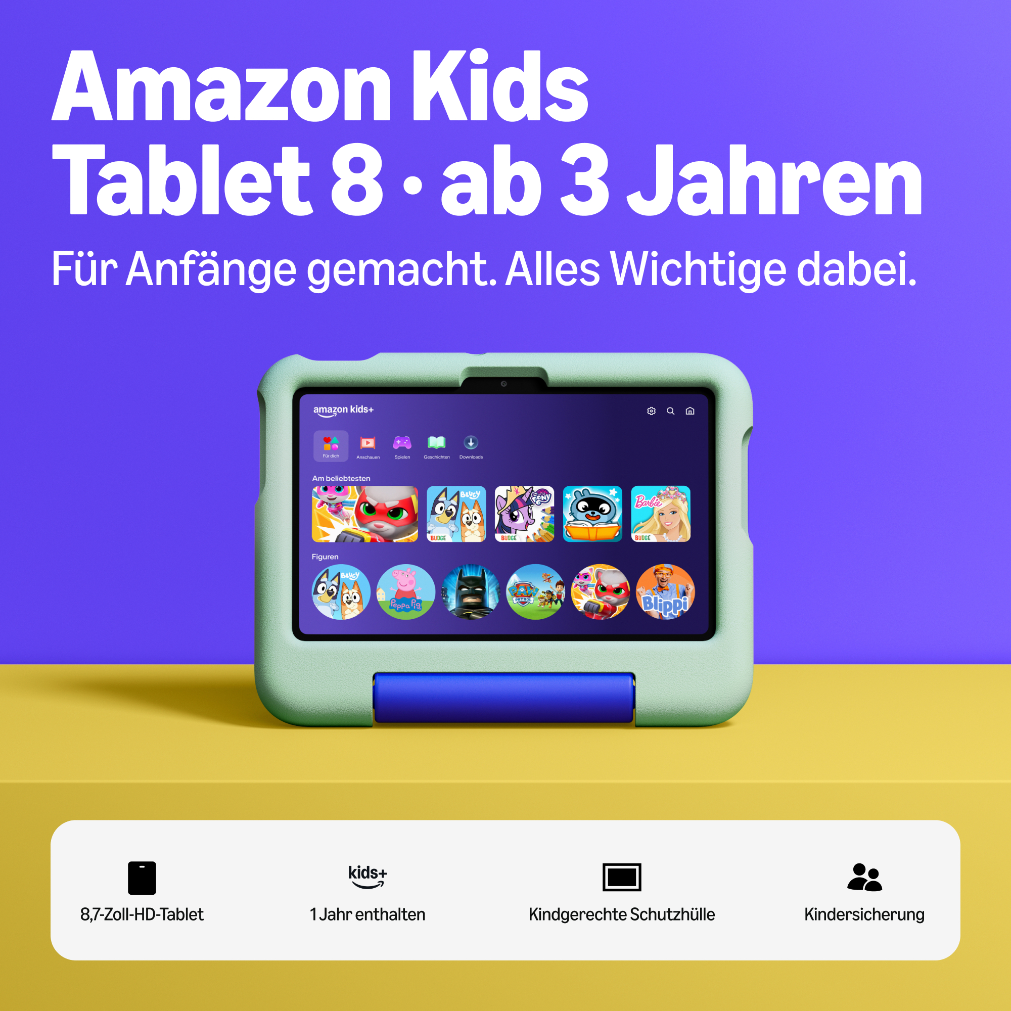 Grünes Amazon Kids Tablet 8 mit Apps und Schutzhülle vor violett-gelbem Hintergrund.