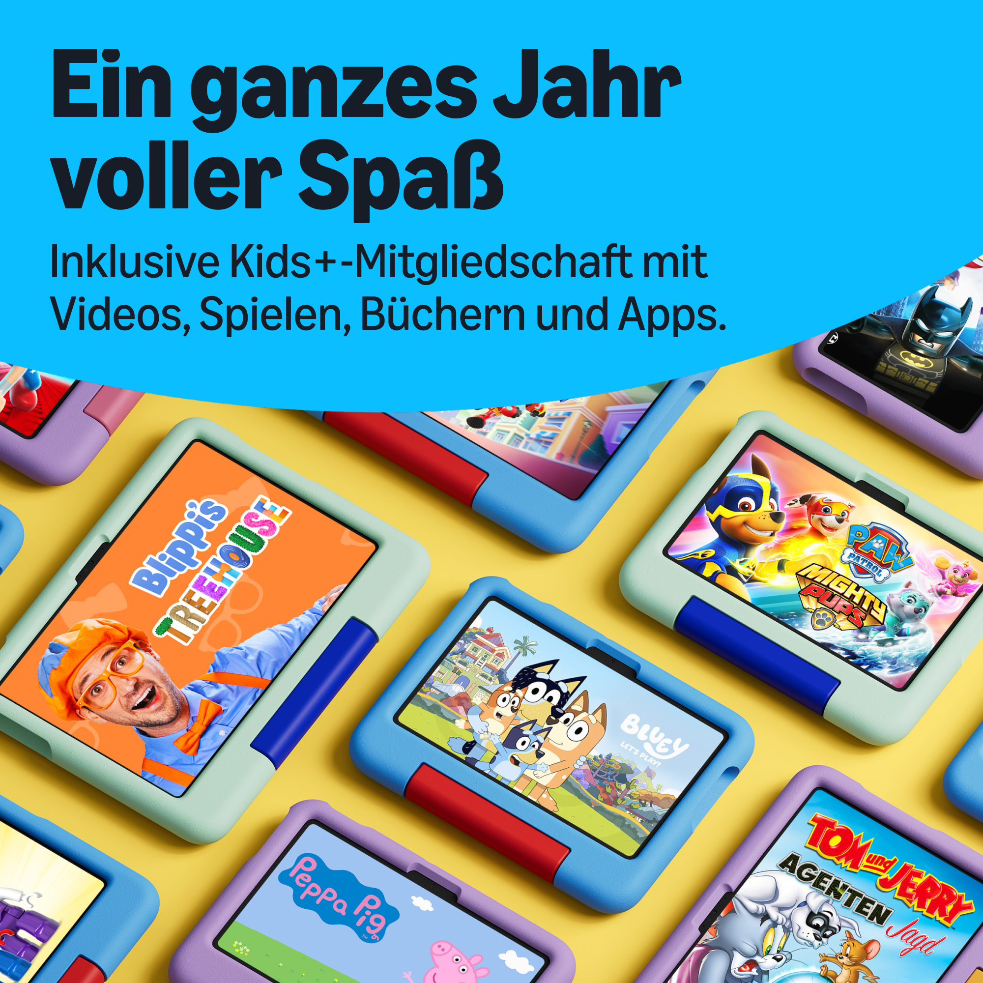 Mehrere bunte Tablets mit Kinderserien wie Blippi, Bluey, Paw Patrol und Peppa Wutz auf einem gelben Hintergrund.