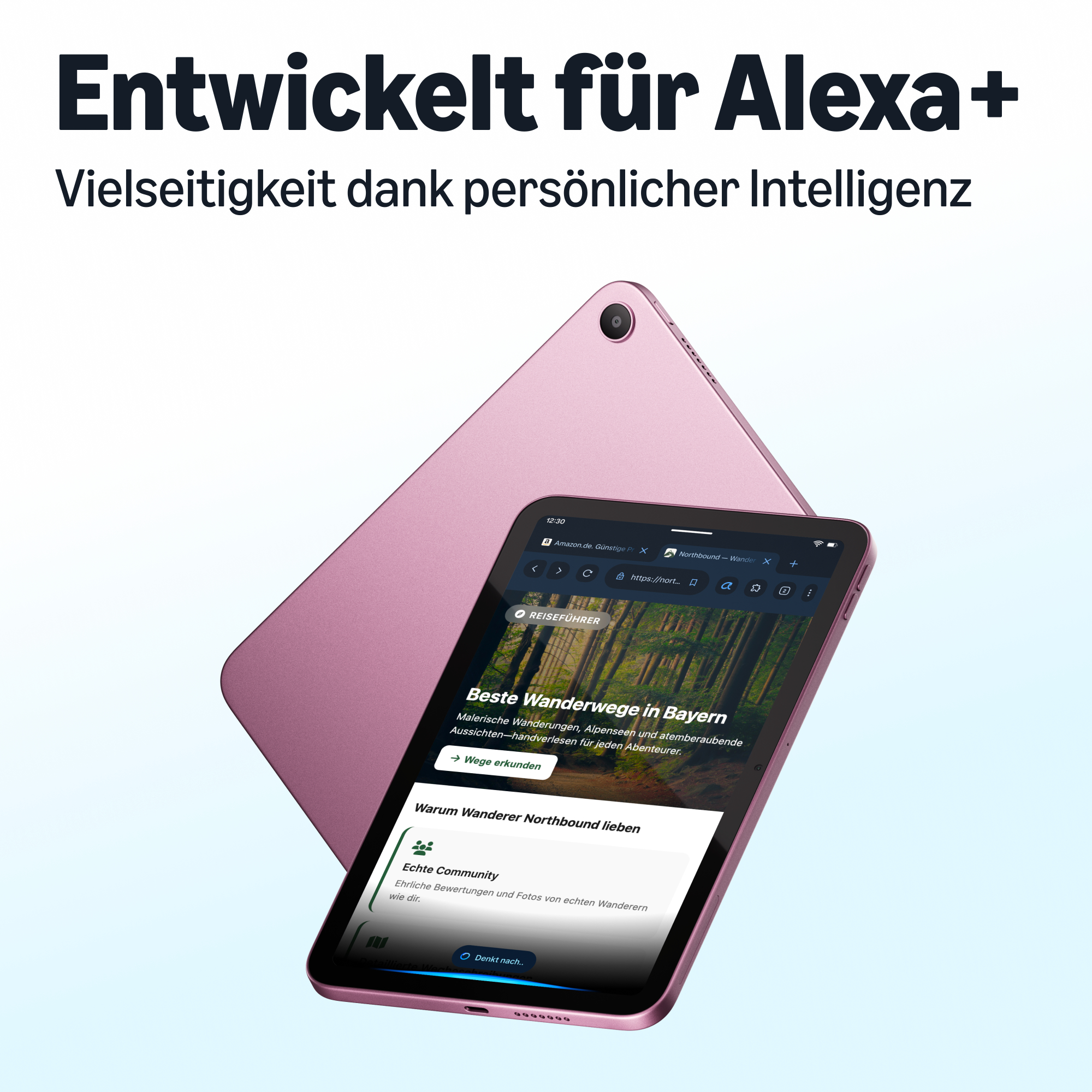 Ein rosafarbenes Tablet zeigt eine Webseite über Wanderwege vor einem Text in deutscher Sprache.