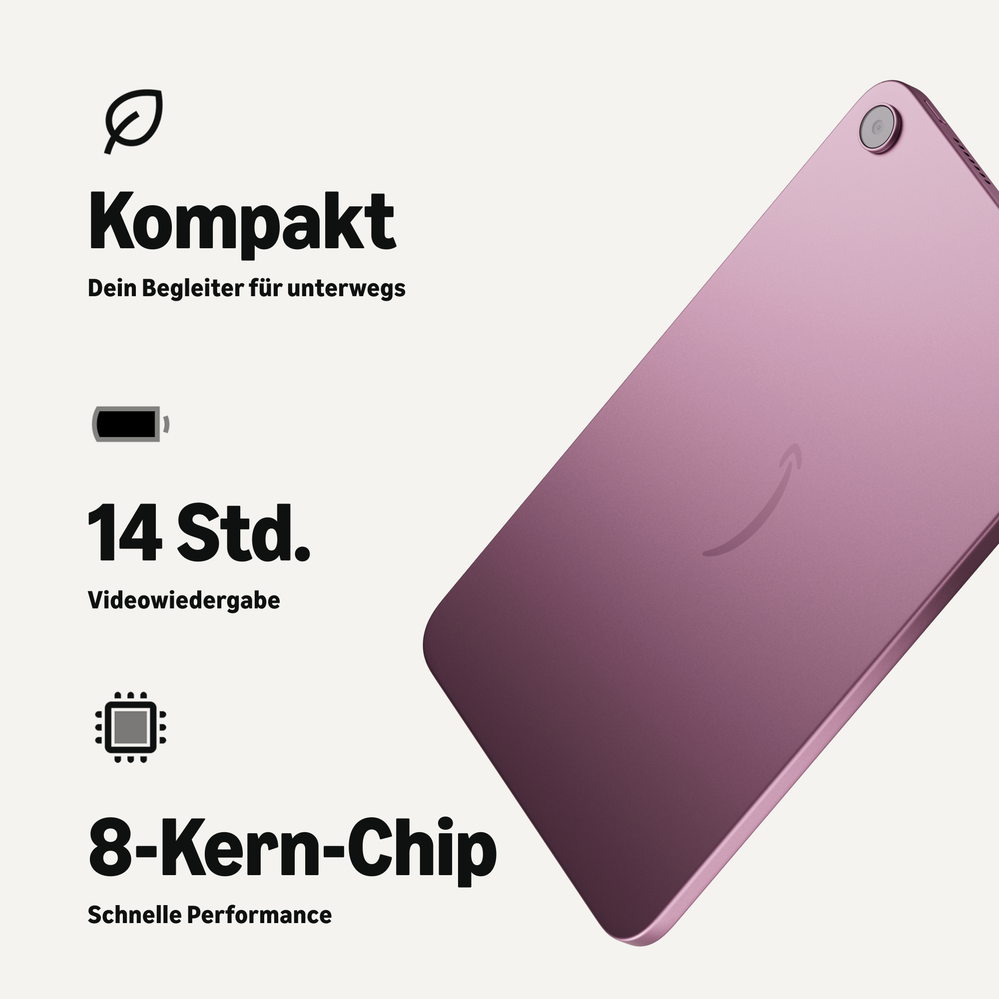 Pinkes Tablet mit Text und Symbolen zu Kompaktheit, 14 Stunden Videowiedergabe und 8-Kern-Chip.