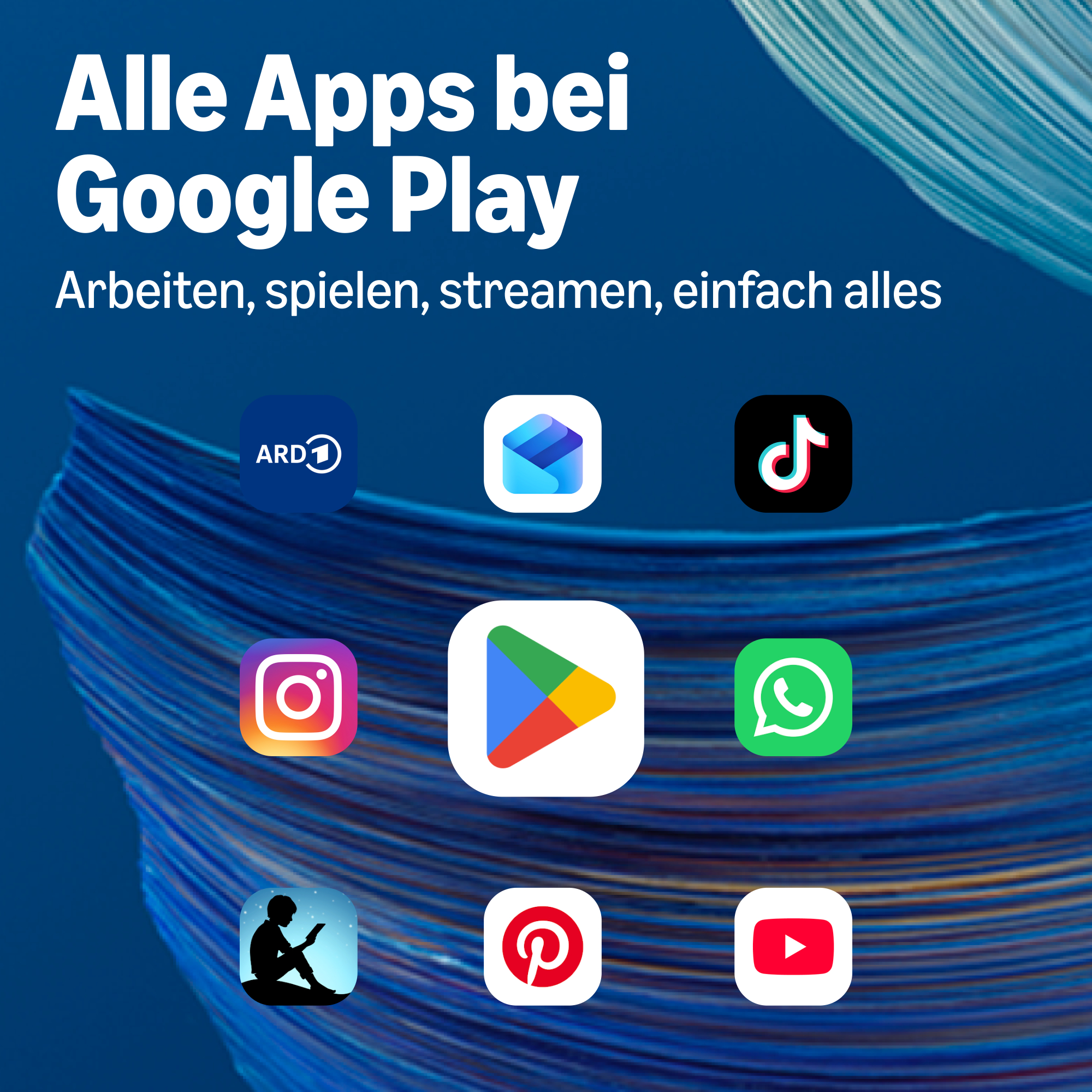 Google Play Werbebild mit Text und beliebten App-Symbolen auf blauem Hintergrund.