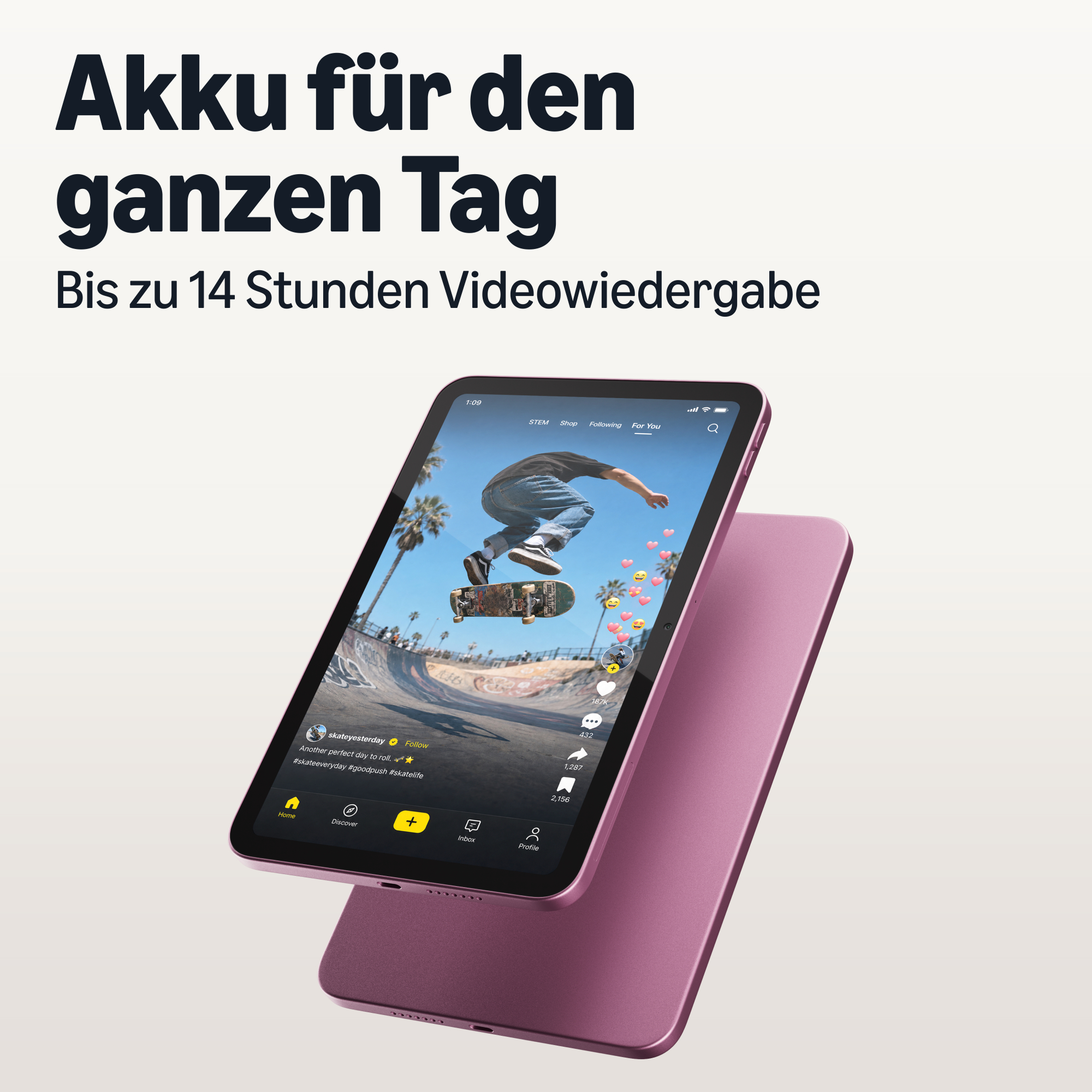 Ein rosafarbenes Tablet zeigt ein Skater-Video auf dem Bildschirm, mit Text oben.