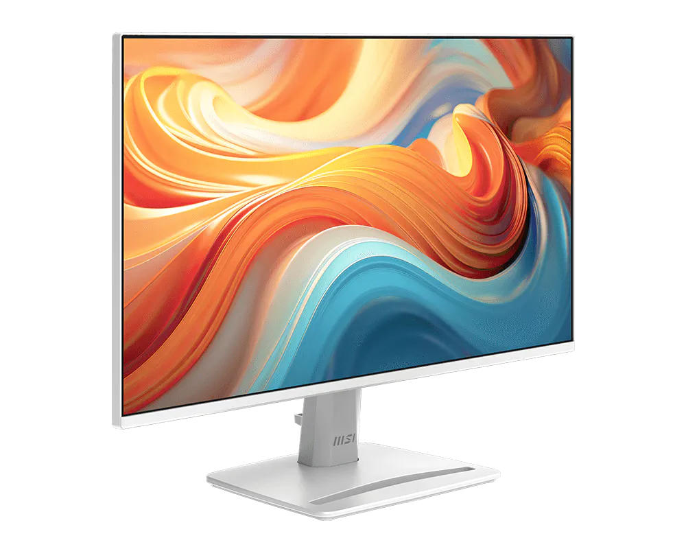 Beyaz arka plan üzerinde turuncu ve mavi geçişli grafik gösteren beyaz bir MSI monitör.
