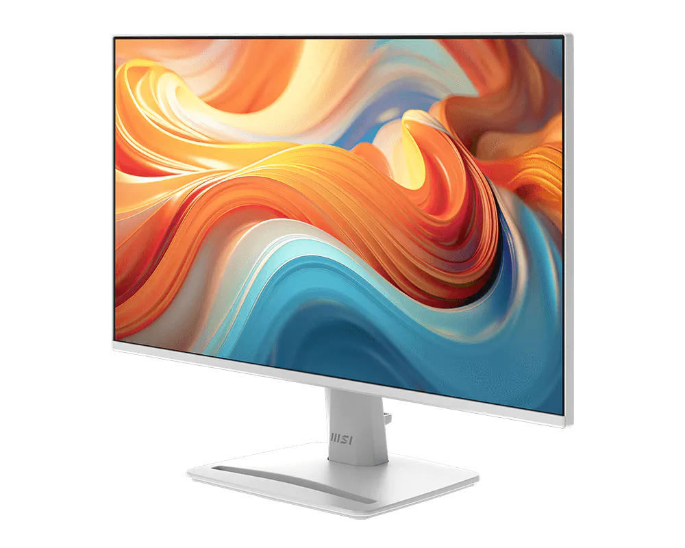 Ekranında renkli, soyut bir dalga deseni gösteren beyaz bir bilgisayar monitörü, beyaz stand üzerinde.