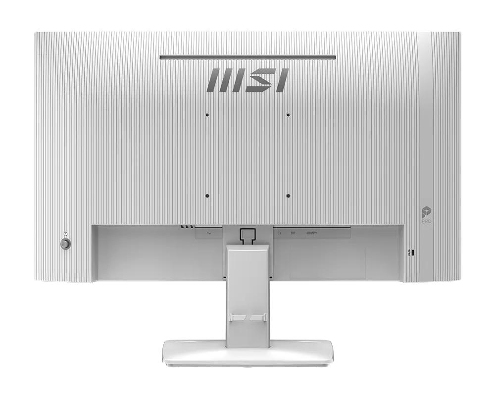 Dokulu kasaya ve standa sahip beyaz bir MSI monitörün arka görünümü.