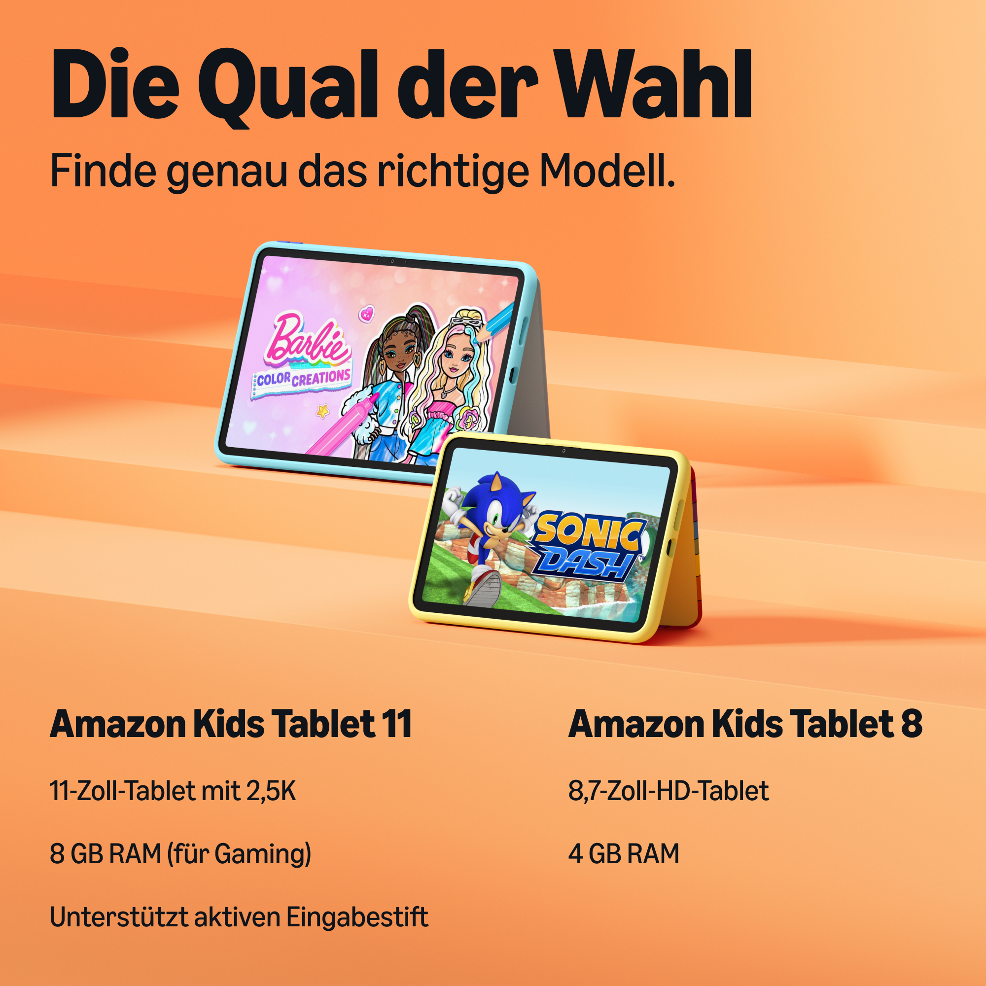 Zwei Amazon Kids Tablets in Blau und Gelb auf orangem Hintergrund mit deutscher Produktbeschreibung.