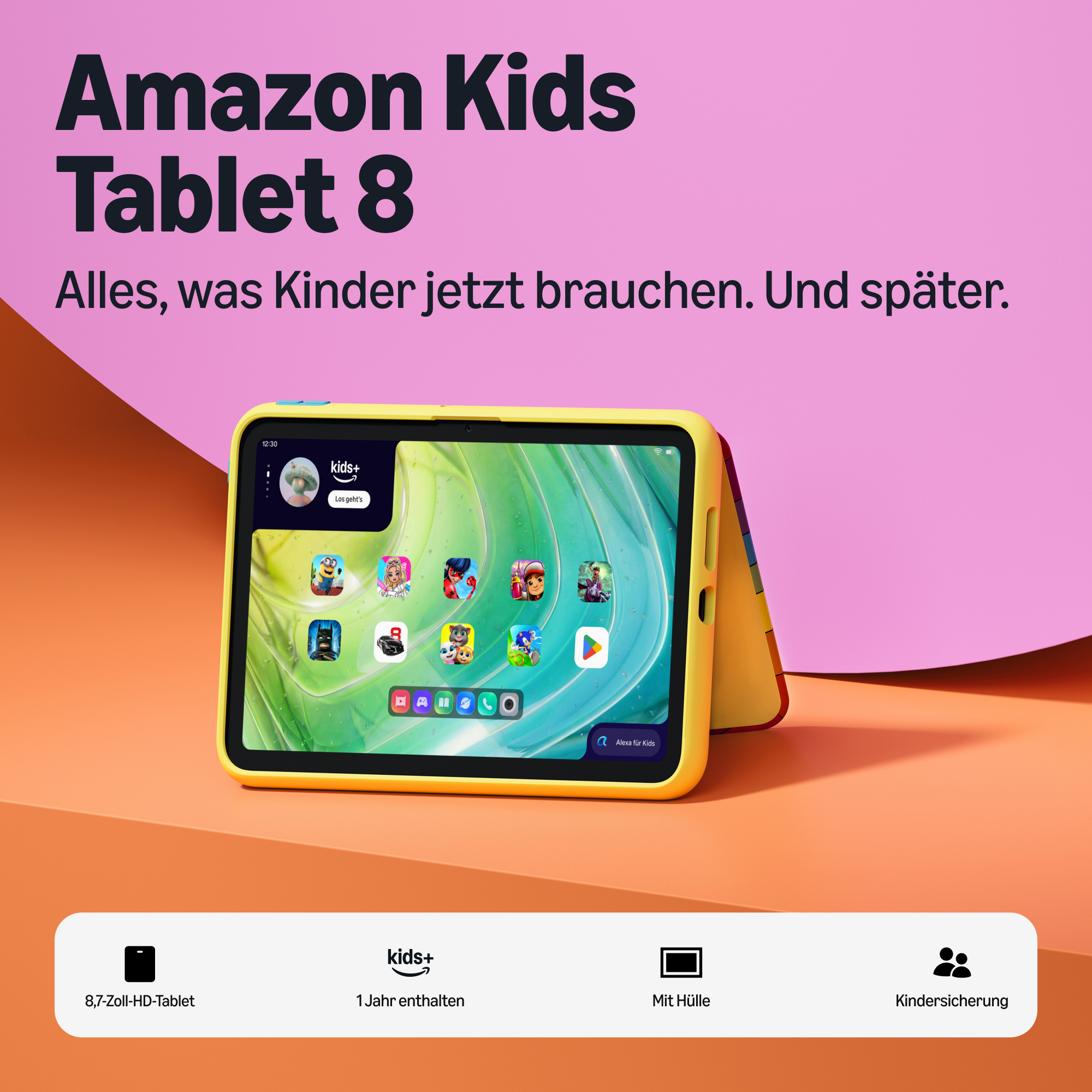 Gelbes Amazon Kids Tablet 8 vor rosa und orangefarbenem Hintergrund mit Text und Icons unten.