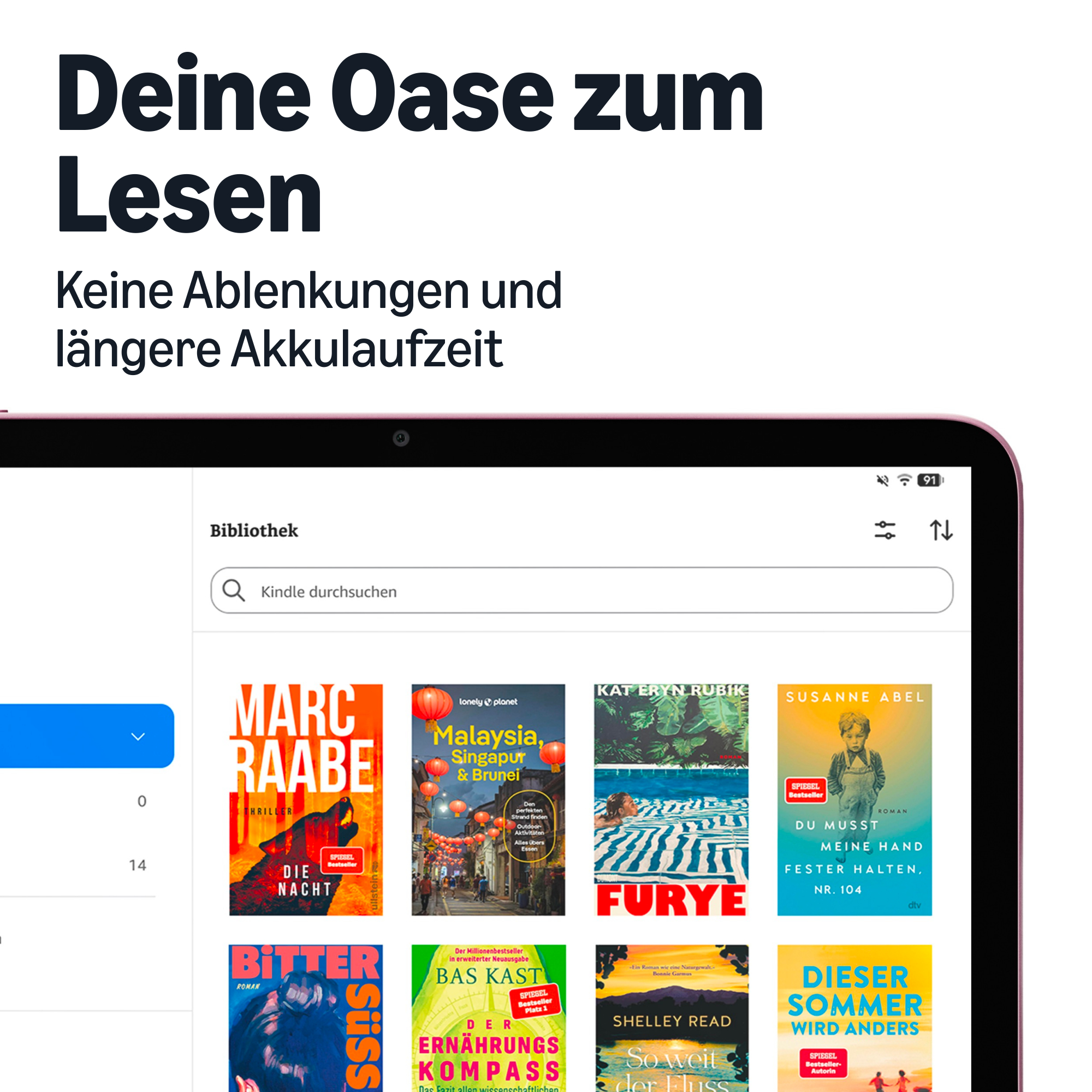 E-Reader-Bildschirm mit Bibliotheksansicht und Buchcovern, darüber deutscher Werbetext.