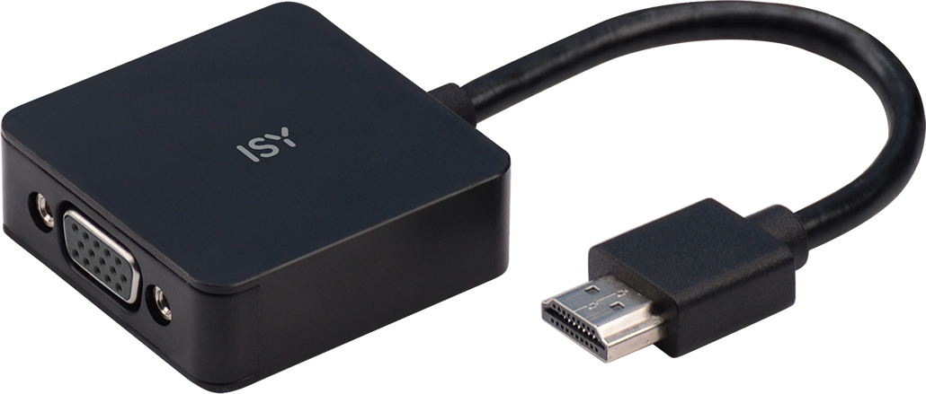 Fekete ISY videoadapter VGA porttal és csatlakoztatott HDMI kábellel fekete háttér előtt.