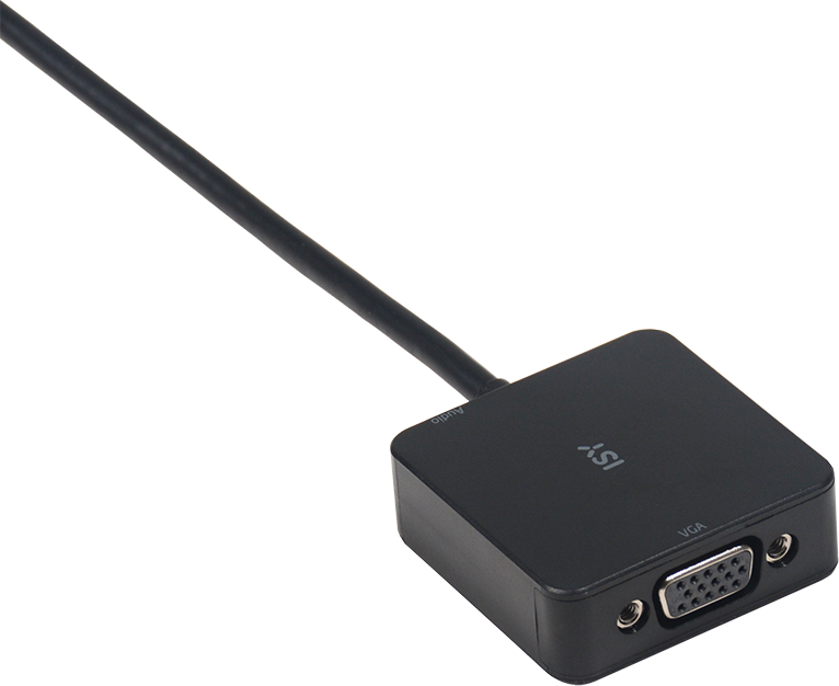 Fekete Isy VGA adapter csatlakoztatott fekete kábellel fekete háttér előtt.