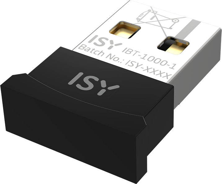 Kis fekete és ezüst ISY Bluetooth USB adapter márka logóval sötét háttér előtt.
