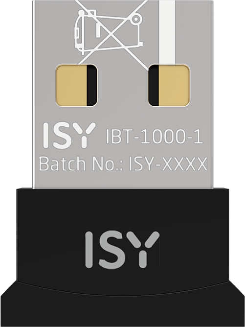 Egy ezüst USB dongle arany érintkezőkkel és ISY IBT-1000-1 szöveggel egy fekete alapon.