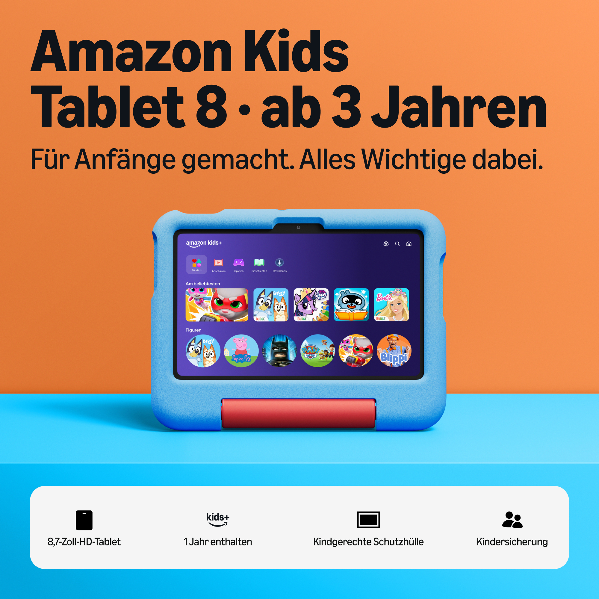 Ein blaues Amazon Kids Tablet mit bunten Apps auf einem orange-blauen Hintergrund und deutscher Text.
