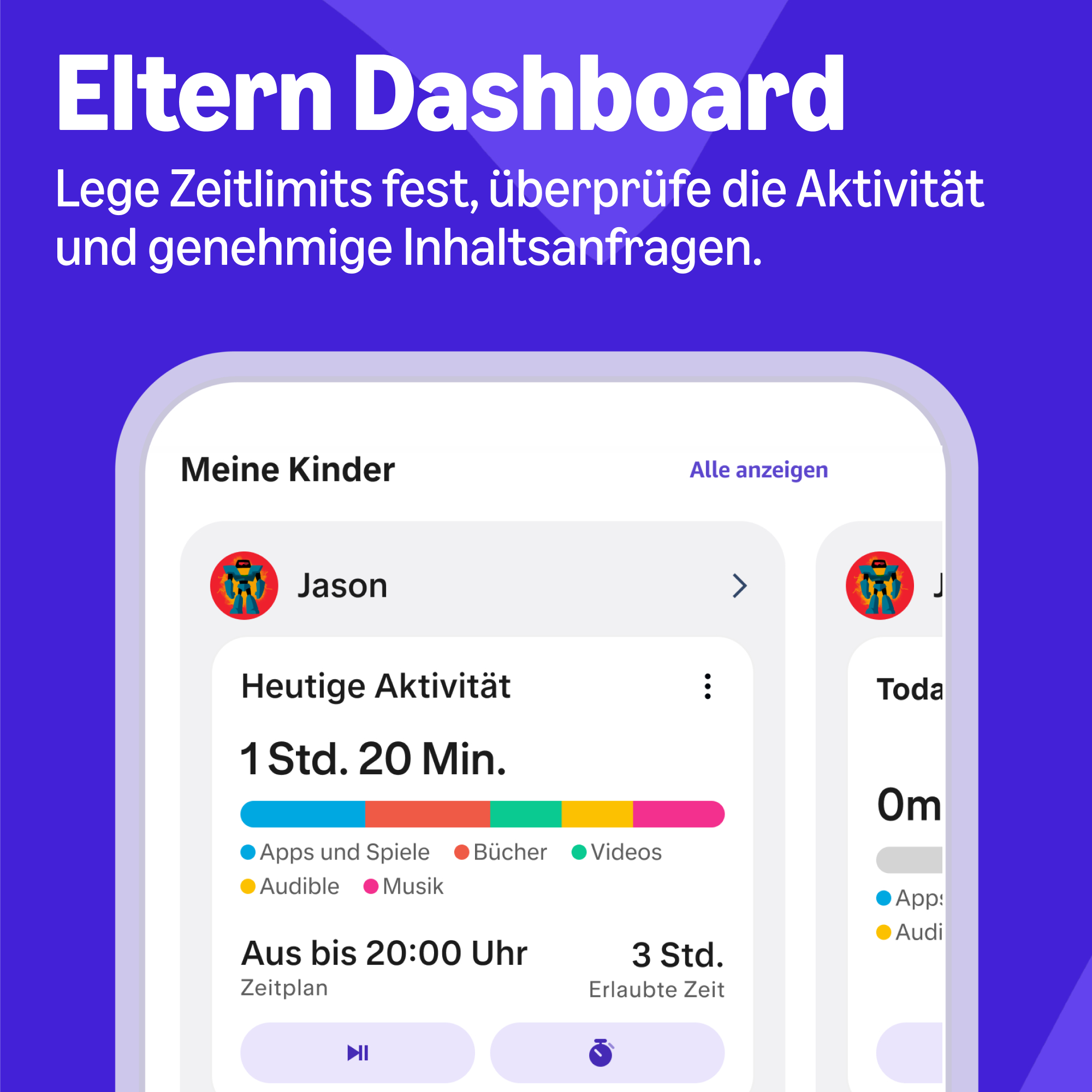 Eltern-Dashboard App-Bildschirm zeigt die Bildschirmzeit und Aktivitätsdetails für Jason.