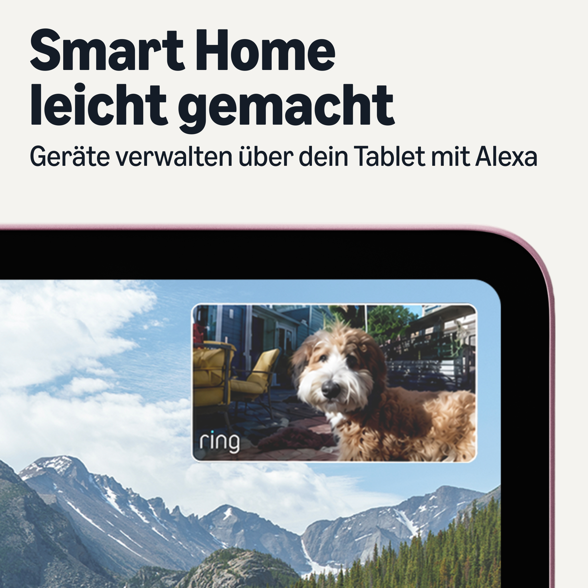 Tablet zeigt Smart-Home-Schnittstelle mit Hund auf Bildschirm.