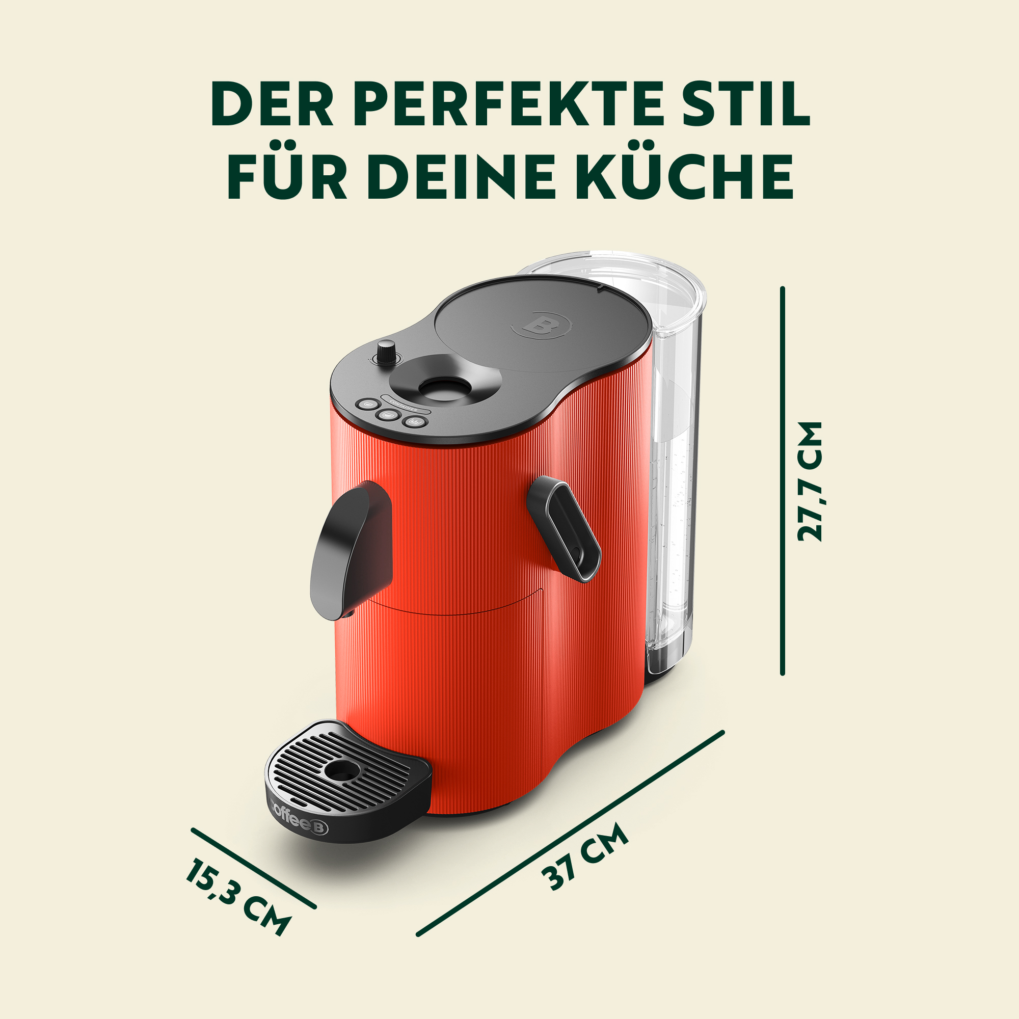Macchina da caffè rossa con dimensioni e testo su sfondo beige.