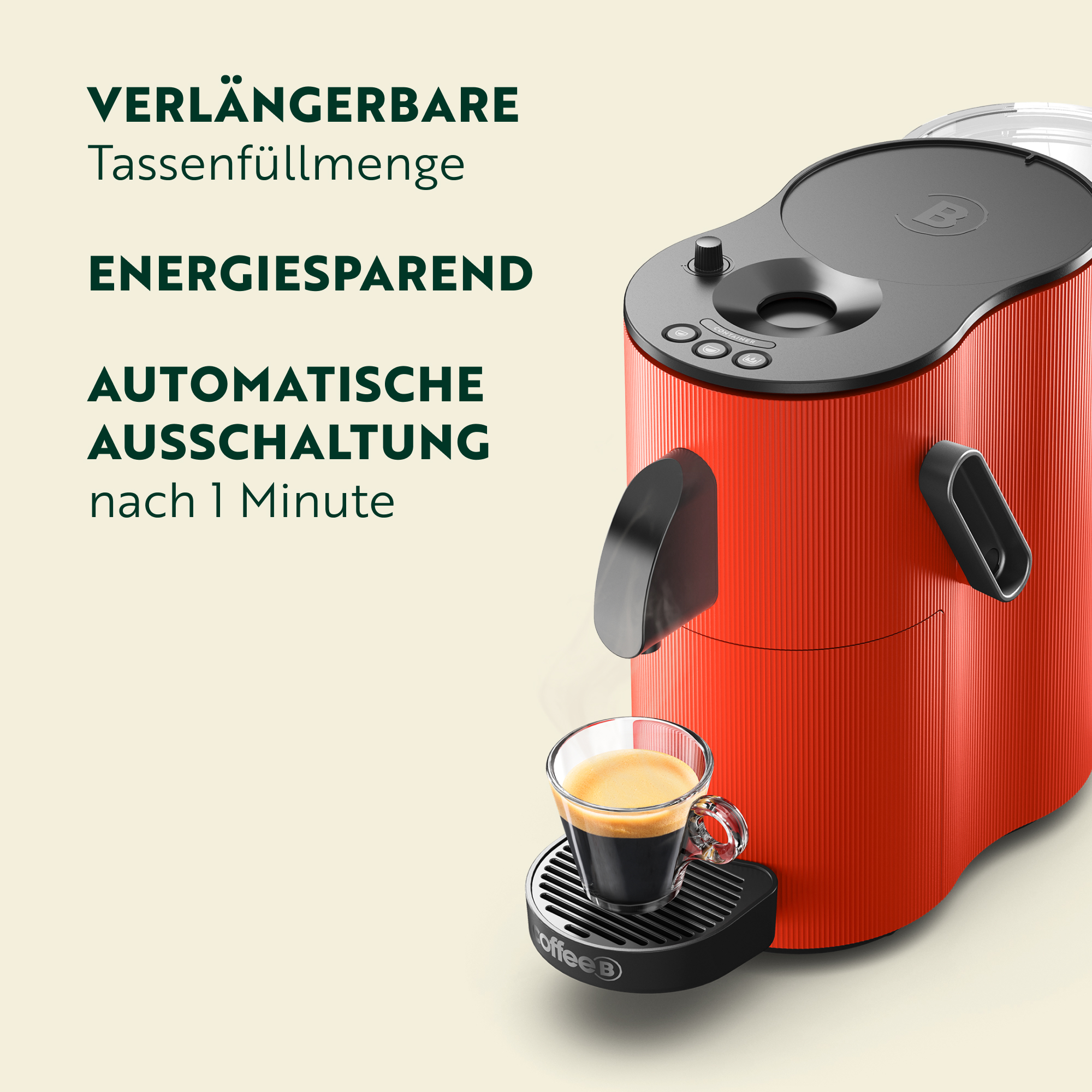 Macchina da caffè rossa con espresso in bicchiere su sfondo giallo chiaro.