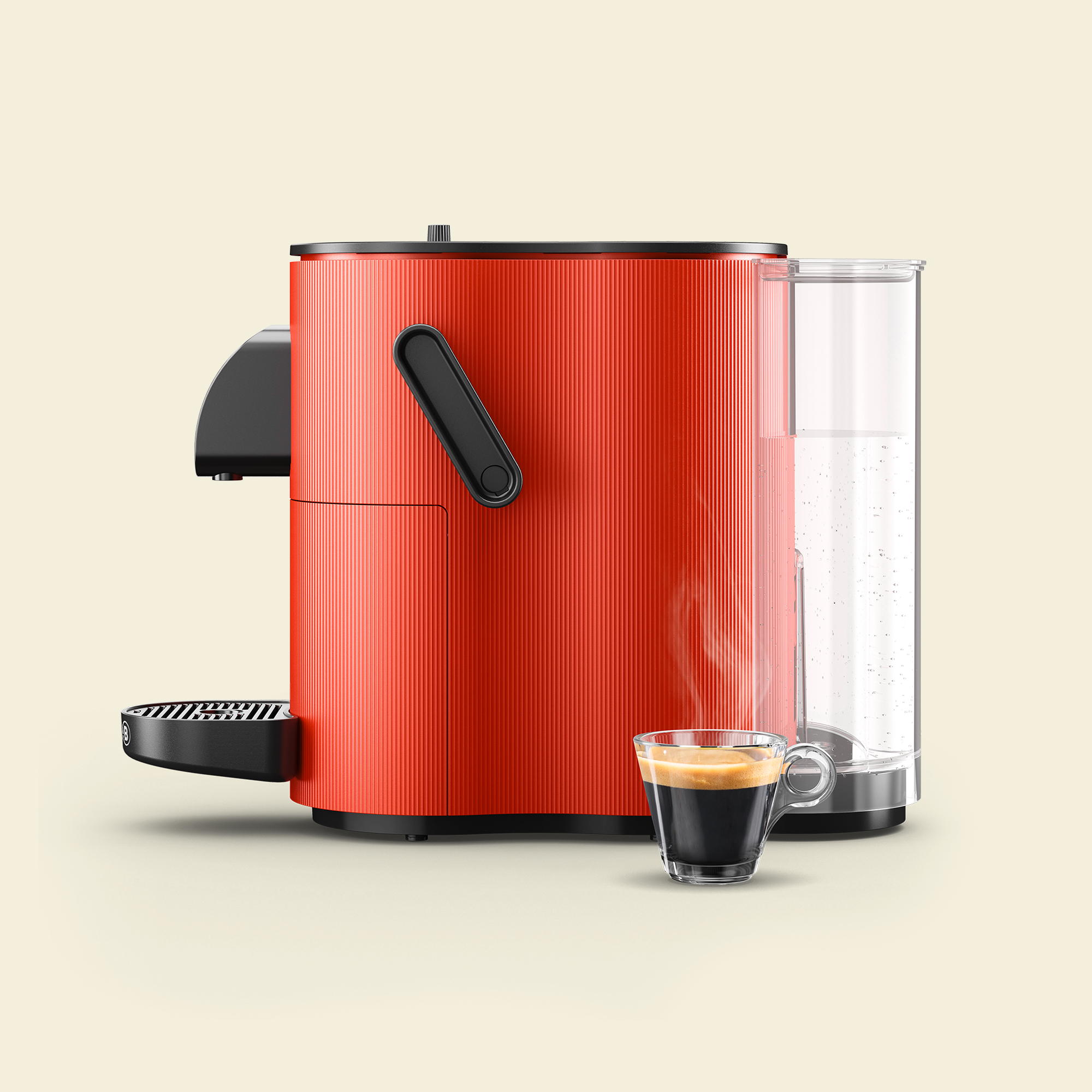 Una macchina da caffè rossa su sfondo chiaro con una tazza trasparente di espresso fresco.