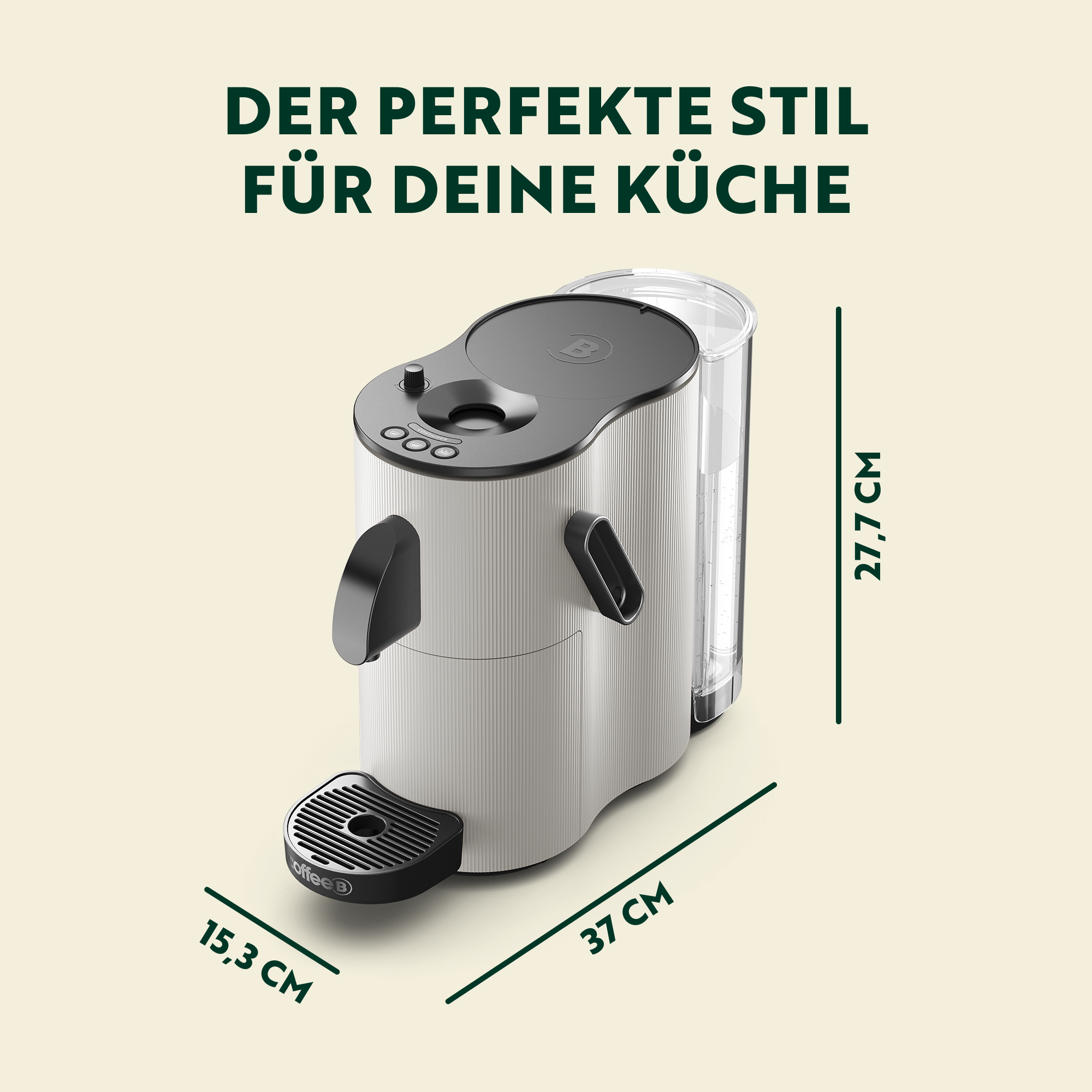 Moderna macchina da caffè beige con dimensioni: 15,3 cm di larghezza, 37 cm di lunghezza e 27,7 cm di altezza.
