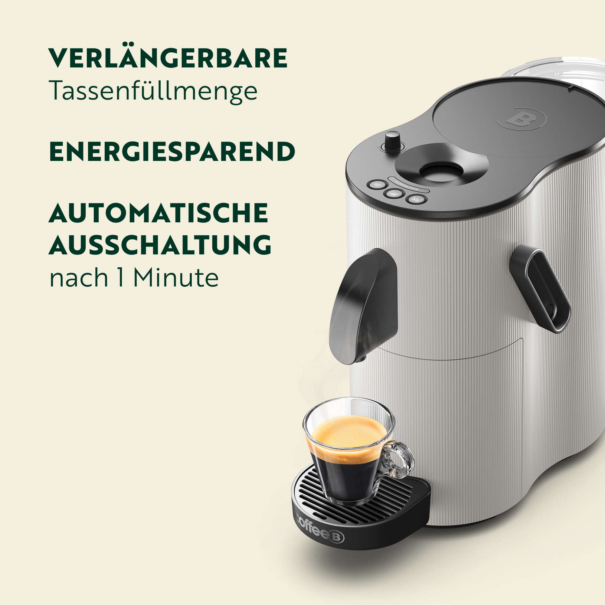 Una macchina da caffè bianca con tazzina di espresso in vetro sul vassoio e testo tedesco a sinistra.