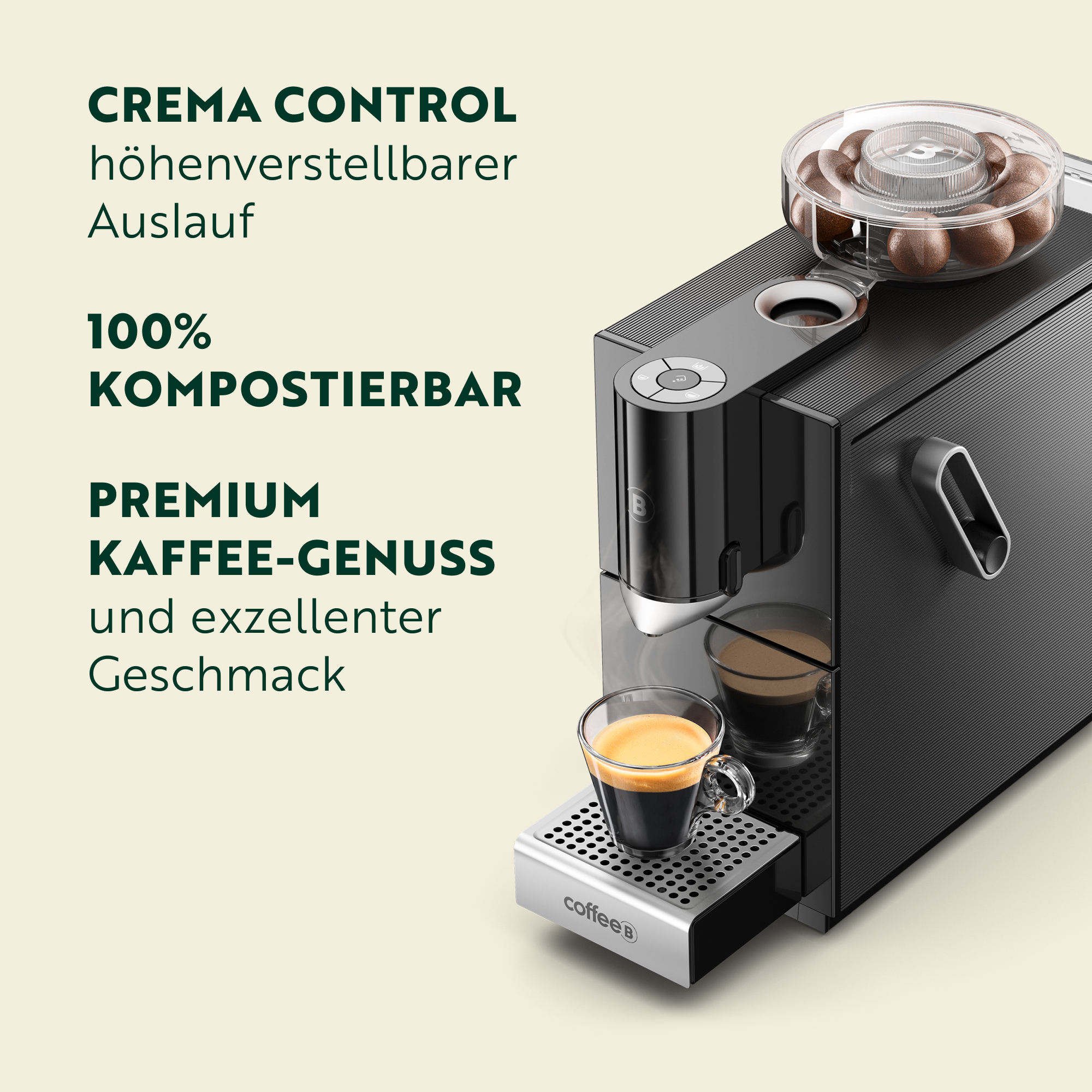 Macchina da caffè nera con porta capsule in alto e tazza piena sulla griglia, con testo.