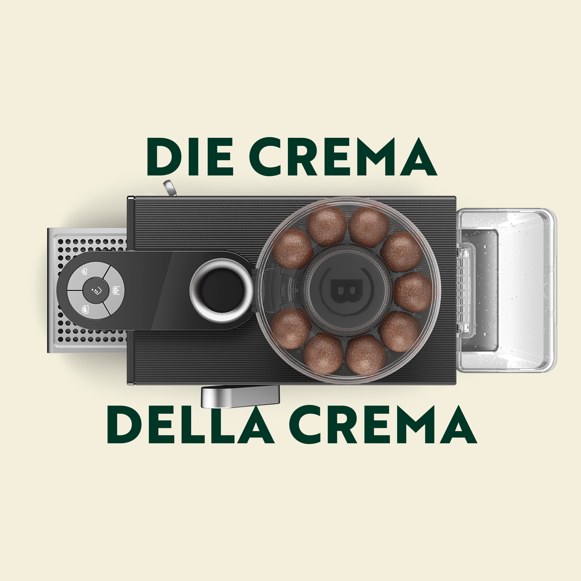 Vista dall'alto di una moderna macchina da caffè nera con cialde rotonde e la scritta 'DIE CREMA DELLA CREMA'.