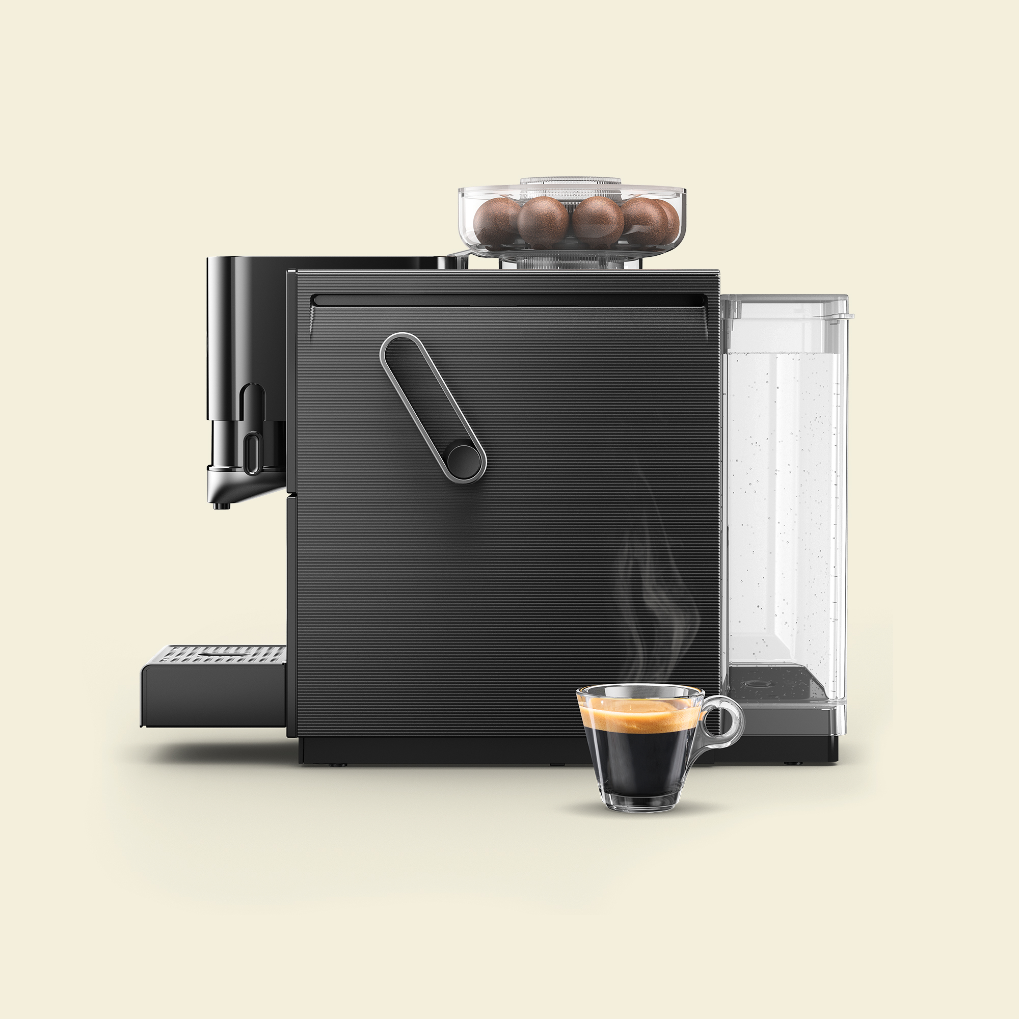 Una macchina da caffè nera con serbatoio dell'acqua, porta capsule e una tazzina di caffè fumante.