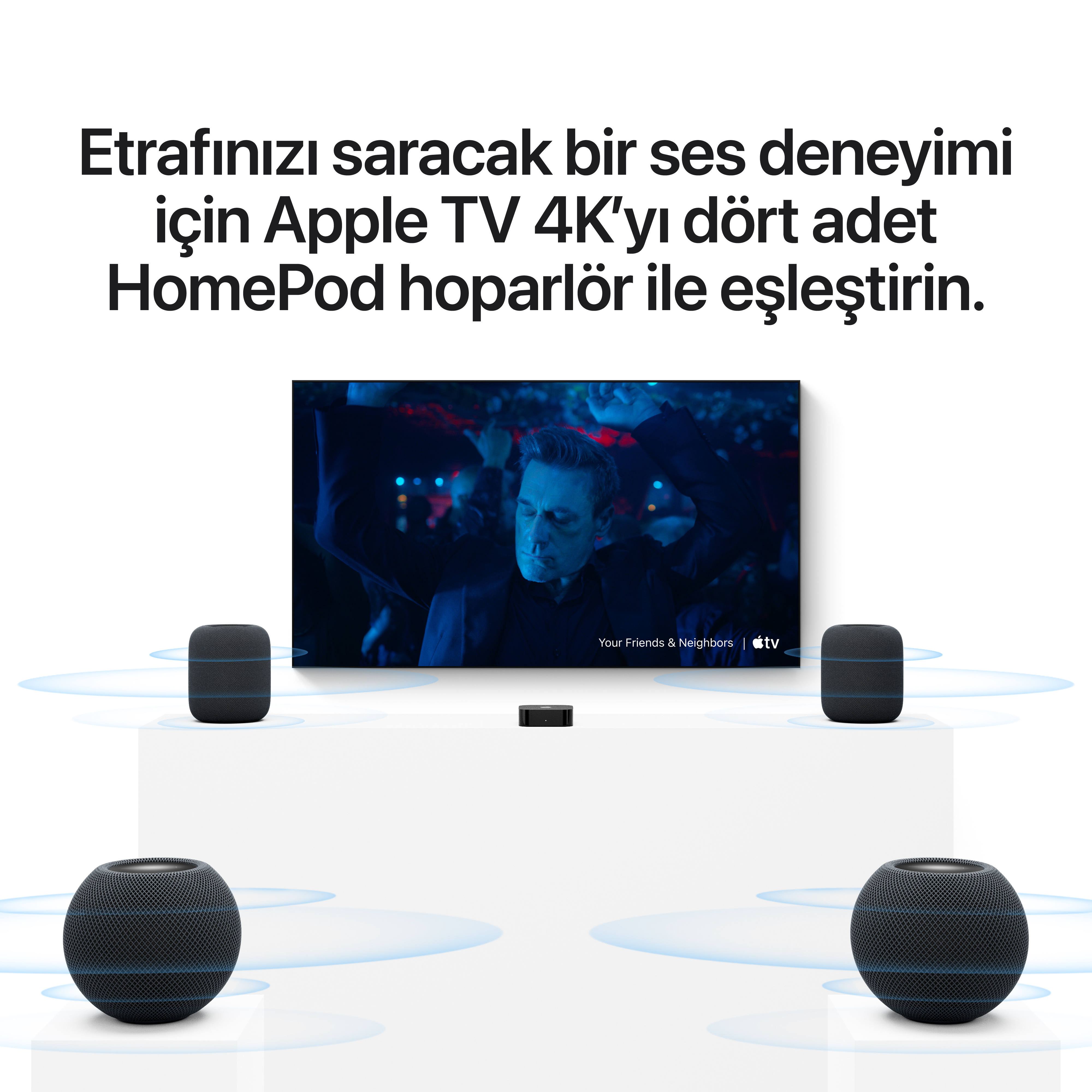 Mavi ses dalgaları yayan dört HomePod hoparlör ve Apple TV 4K, üzerinde Türkçe tanıtım yazısıyla.