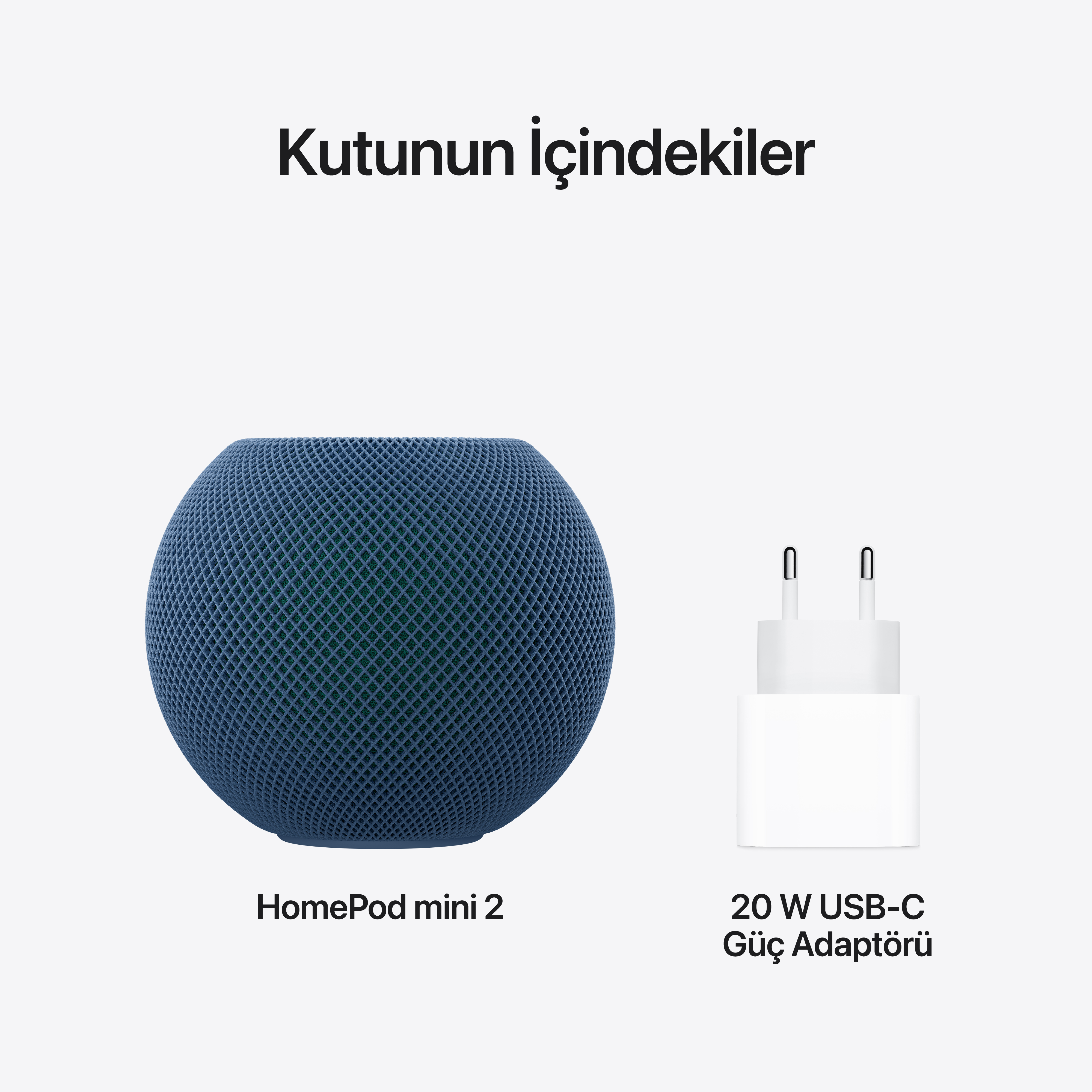 Beyaz arka planda mavi HomePod mini 2 ve 20W USB-C güç adaptörü.