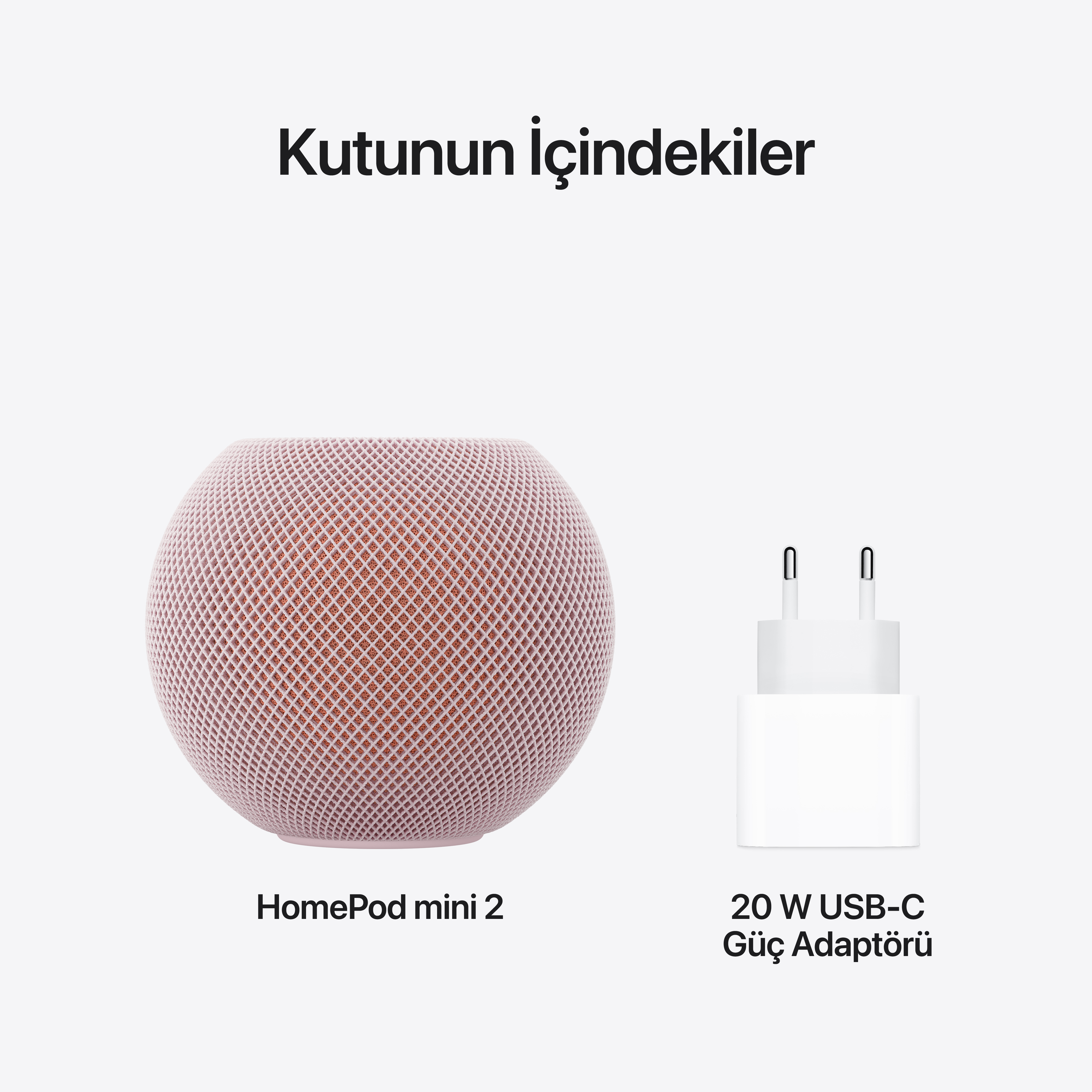 Beyaz arkaplanda pembe HomePod mini 2 ve 20W USB-C güç adaptörü.