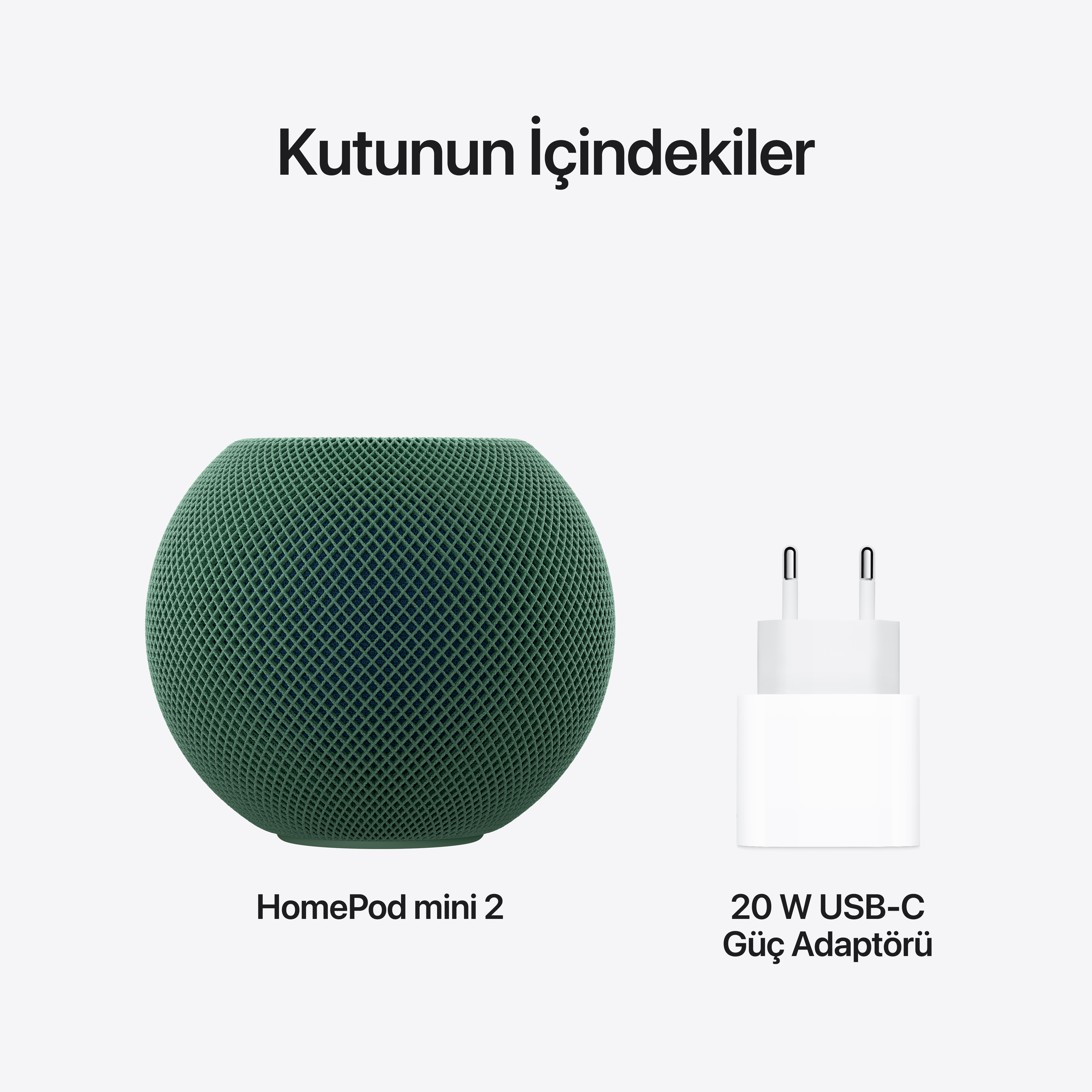 Beyaz arkaplanda yeşil HomePod mini 2 ve beyaz 20W USB-C güç adaptörü.