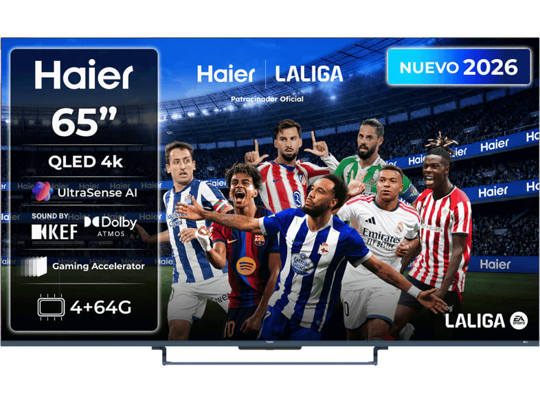 TV QLED 65" - Haier S90 Series H65S90GUX, 4K HDR10+, Google TV, Dolby Atmos, Sonido KEF, Gaming 144Hz, Negro