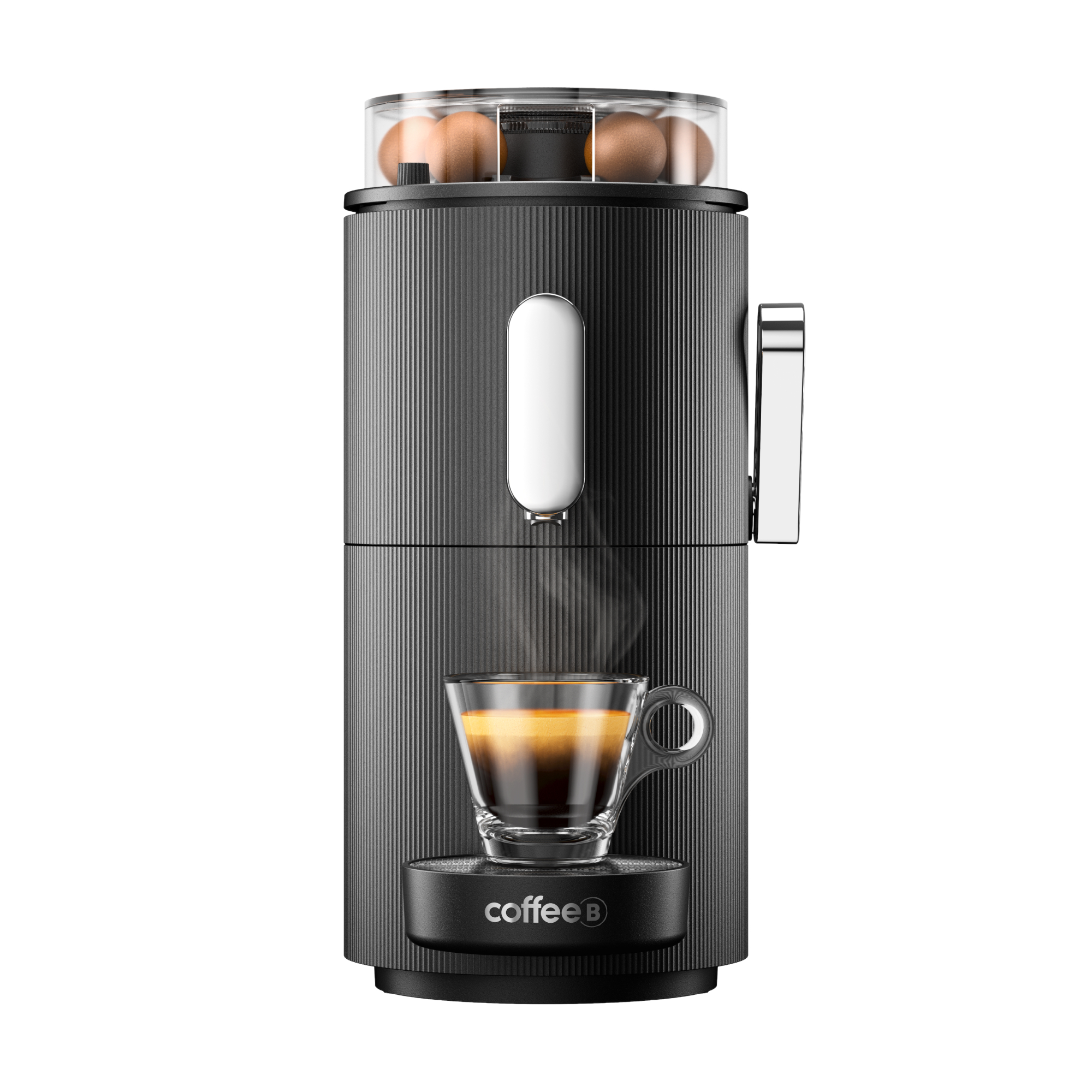 Macchina da caffè CoffeeB nera con porta capsule in alto e tazza di espresso fumante.