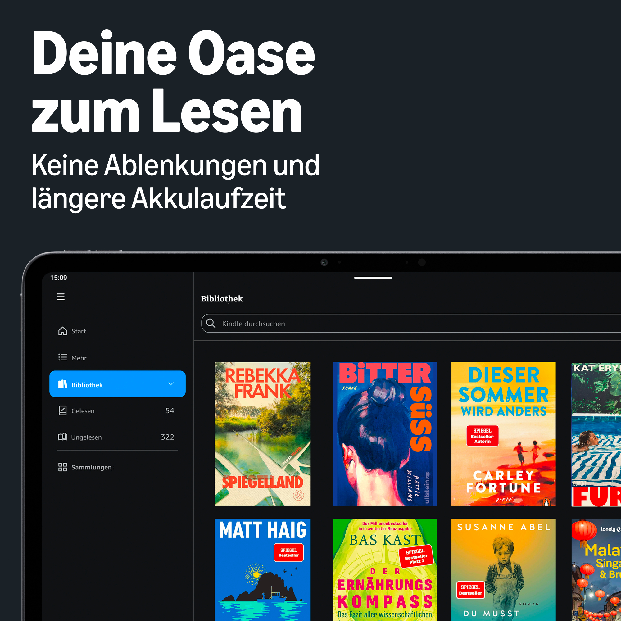 Ein Tablet zeigt eine E-Reader-App mit einer Buchbibliothek im Dark Mode.