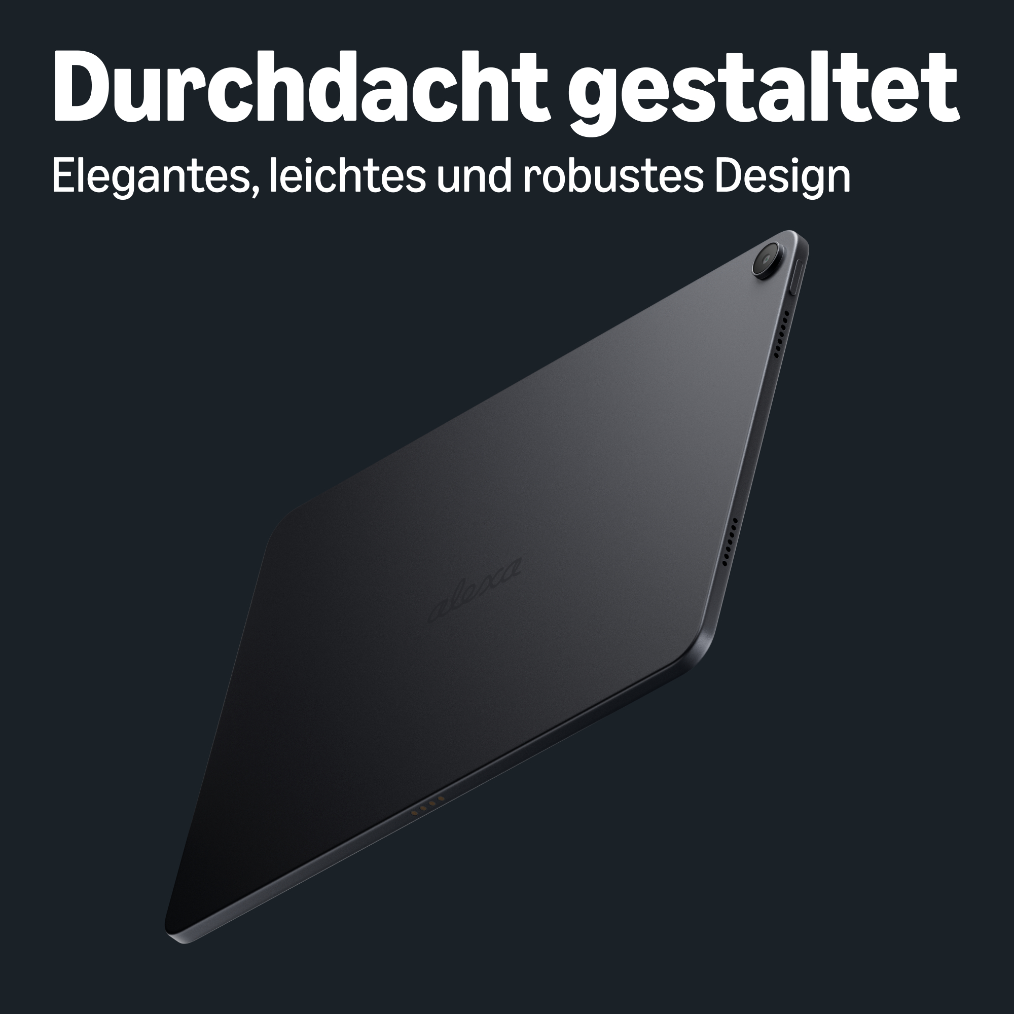 Schwarzes Tablet in schrägem Blickwinkel vor dunklem Hintergrund mit weißem Text.