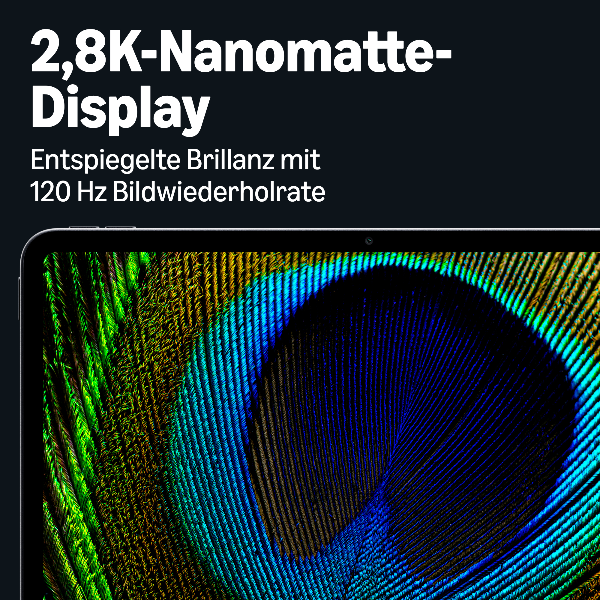 Ein Tablet mit einem 2,8K-Nanomatte-Display und einem farbenfrohen Pfauenfedernmotiv auf dem Bildschirm.