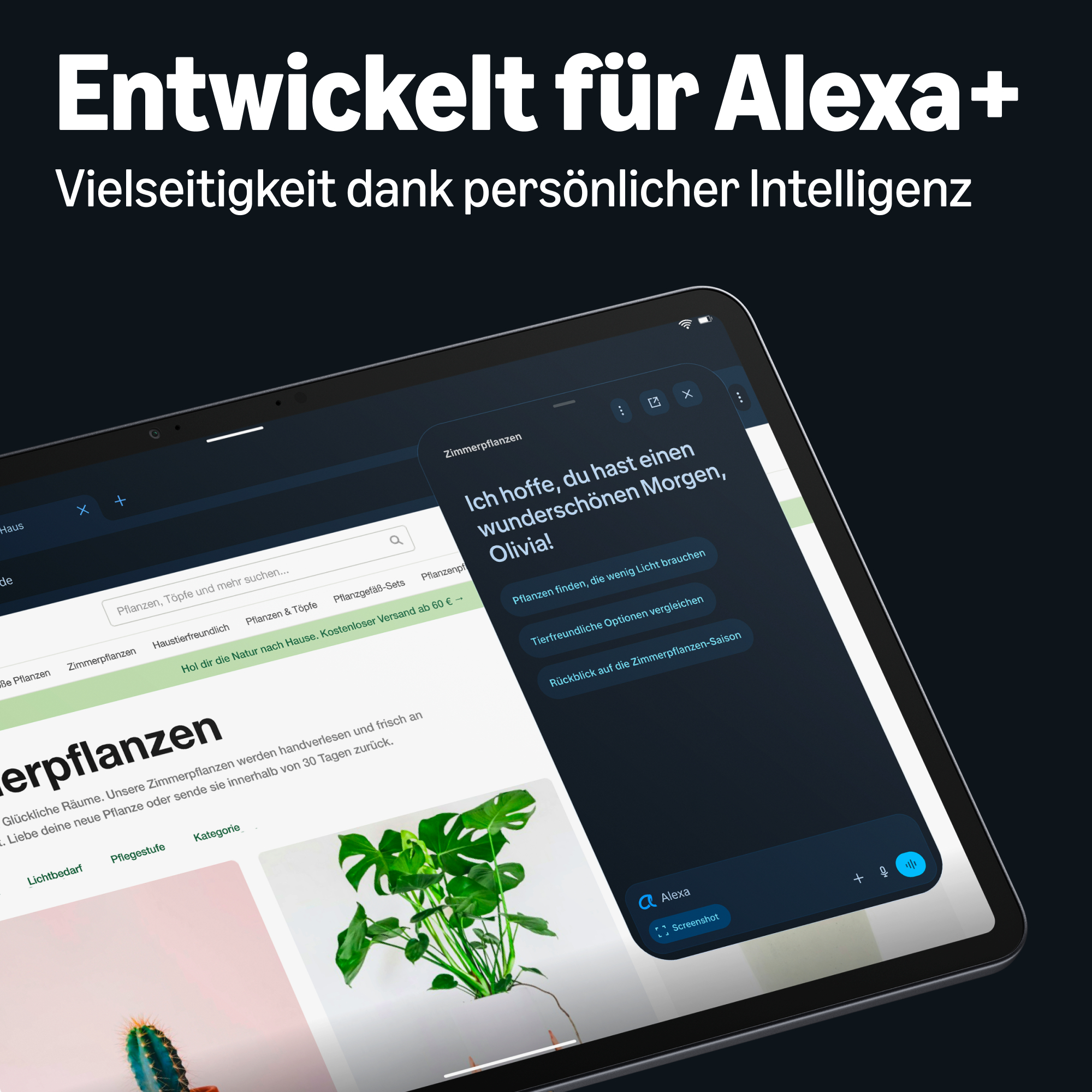 Ein Tablet zeigt einen Chat mit Alexa über Zimmerpflanzen und Text oben auf Deutsch.