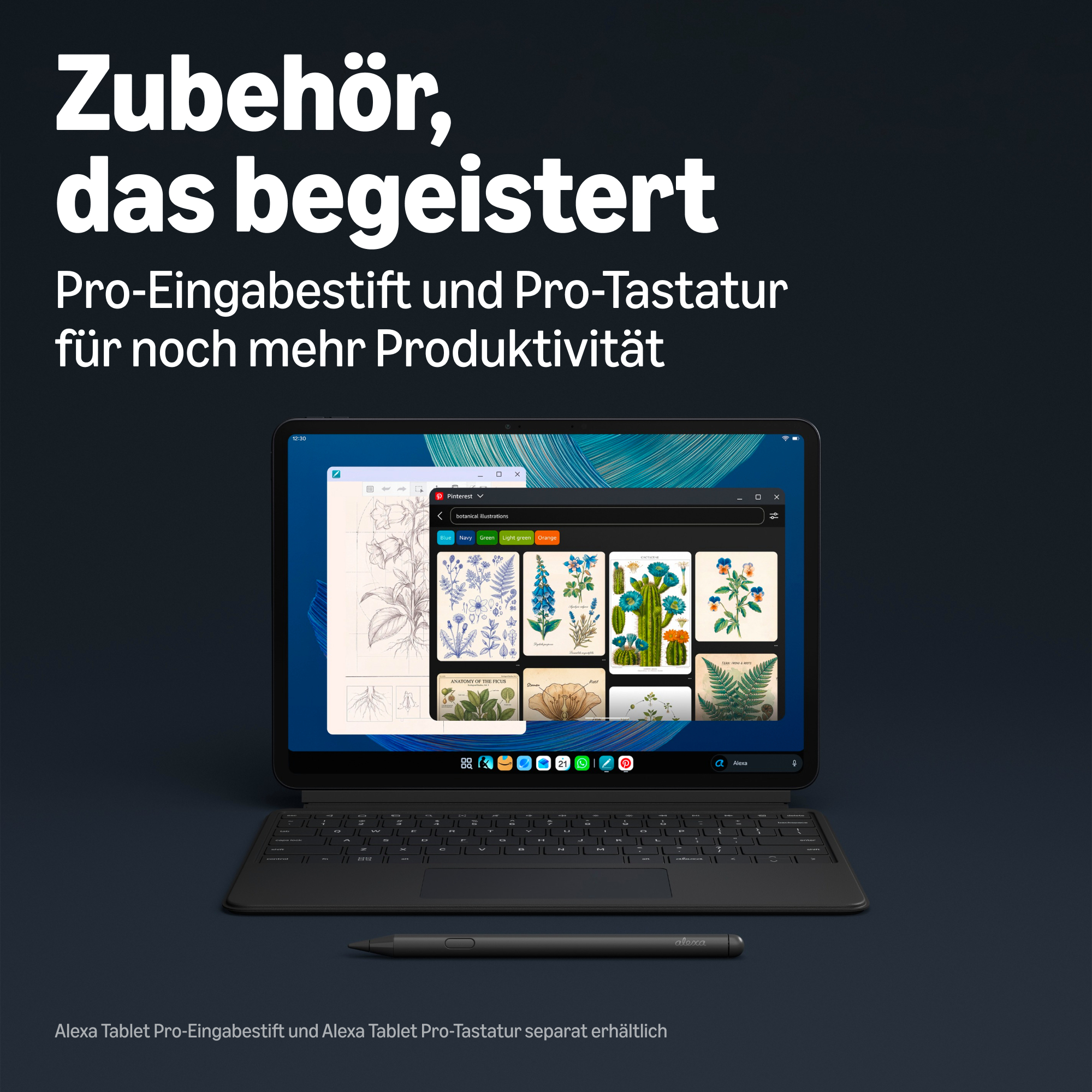 Ein Tablet mit Tastatur und Stift vor dunklem Hintergrund, auf dem Bildschirm ist Pinterest zu sehen.
