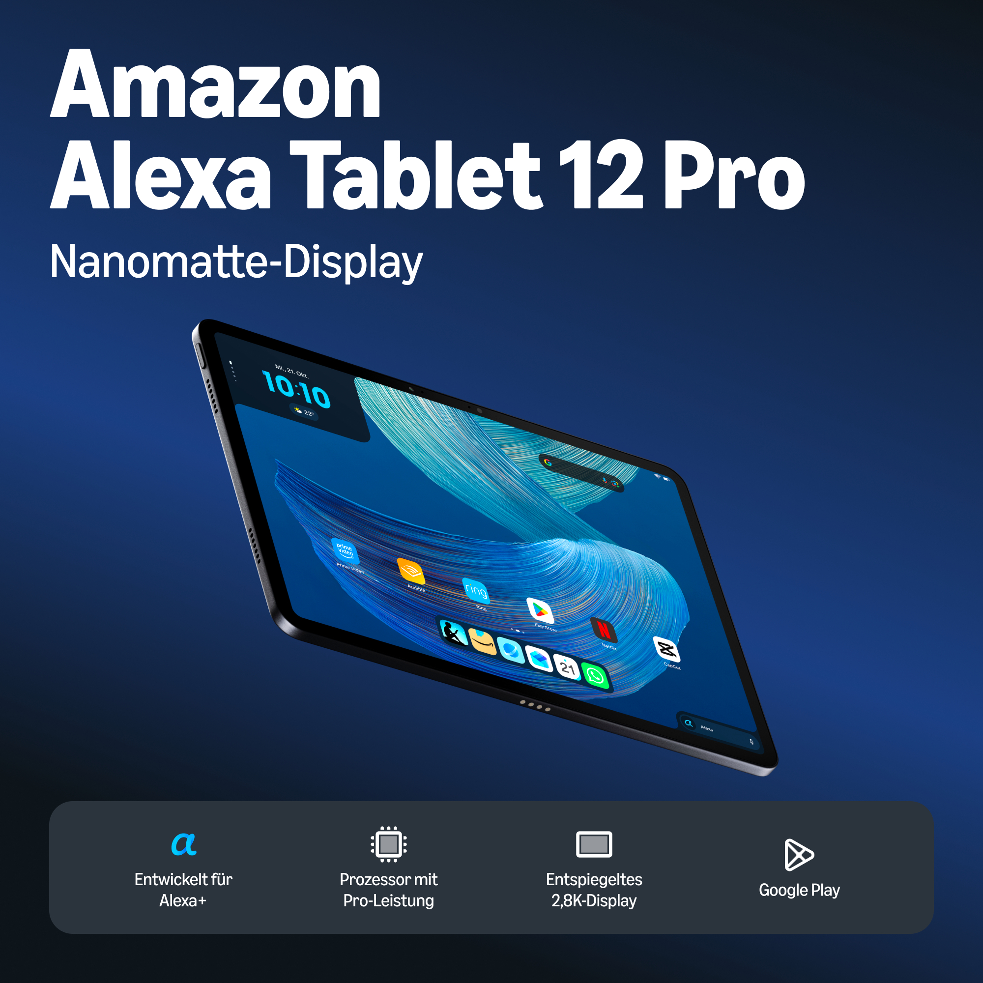 Werbebild für das Amazon Alexa Tablet 12 Pro mit Nanomatte-Display vor blauem Hintergrund.